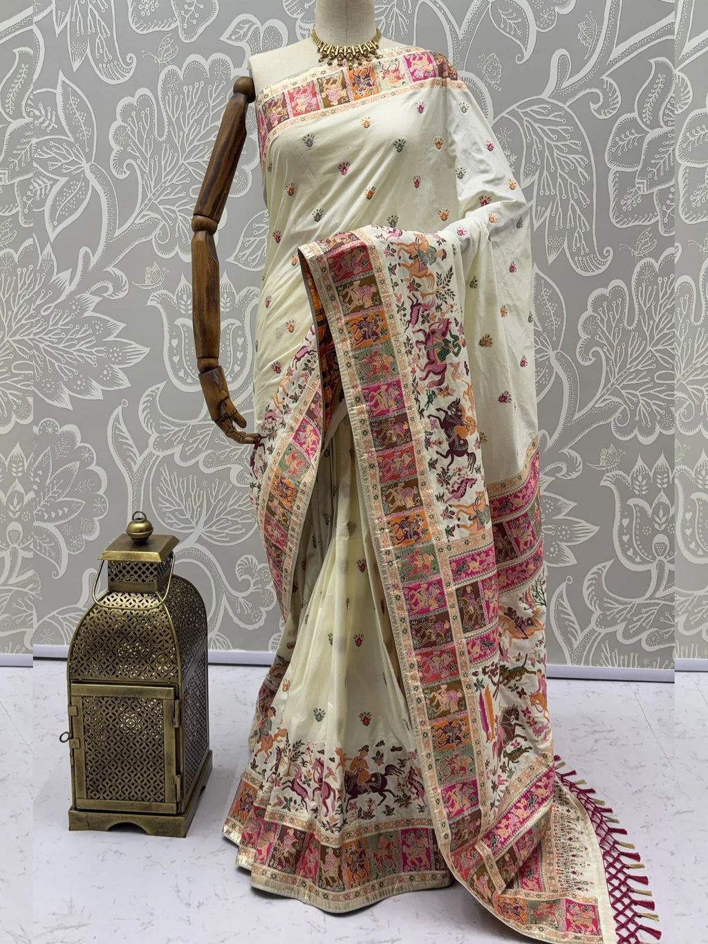 Cream Marvelous Zari Work Pashmina Silk Saree With Blouse