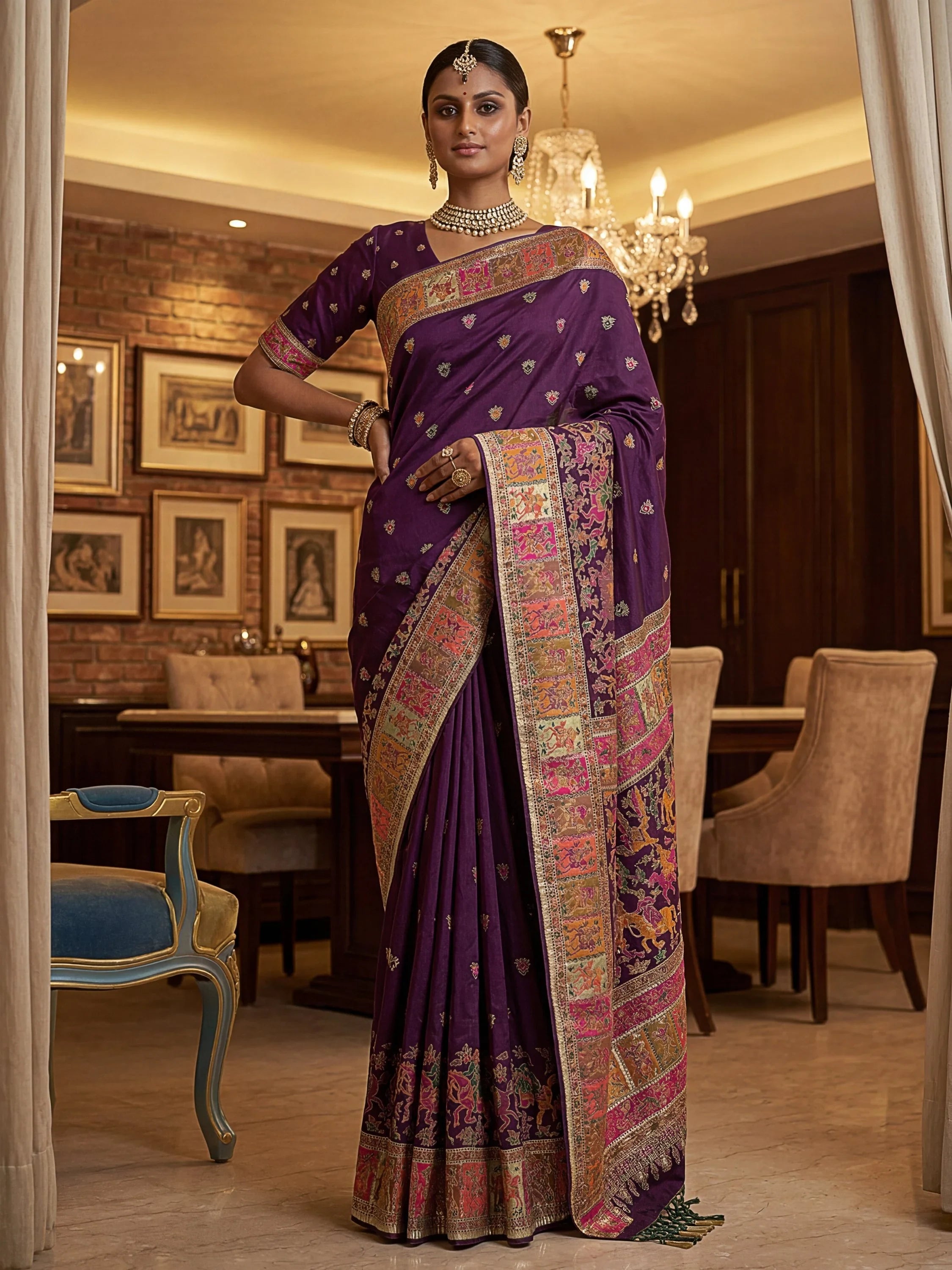 Purple Marvelous Zari Work Pashmina Silk Saree With Blouse