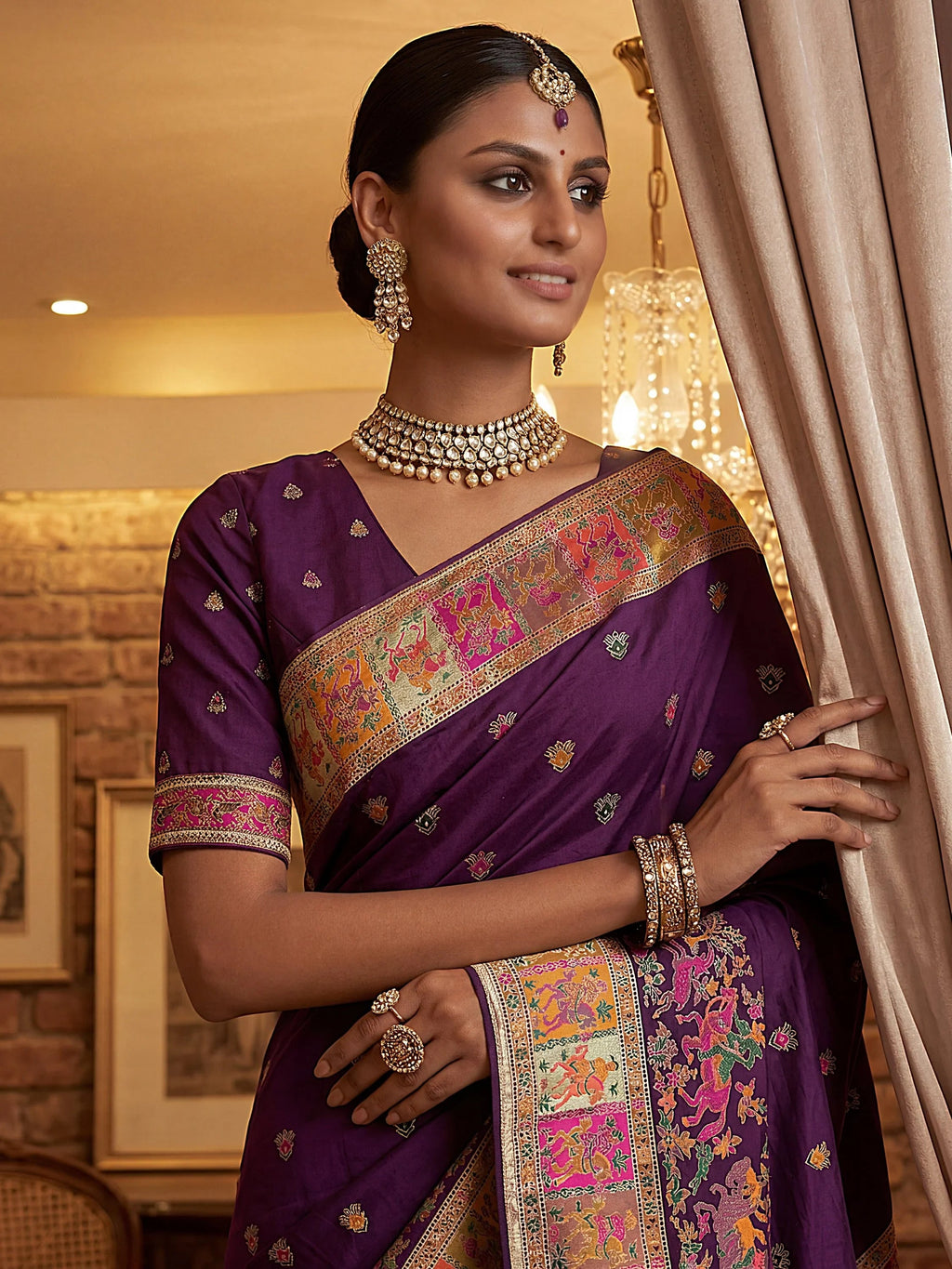 Purple Marvelous Zari Work Pashmina Silk Saree With Blouse