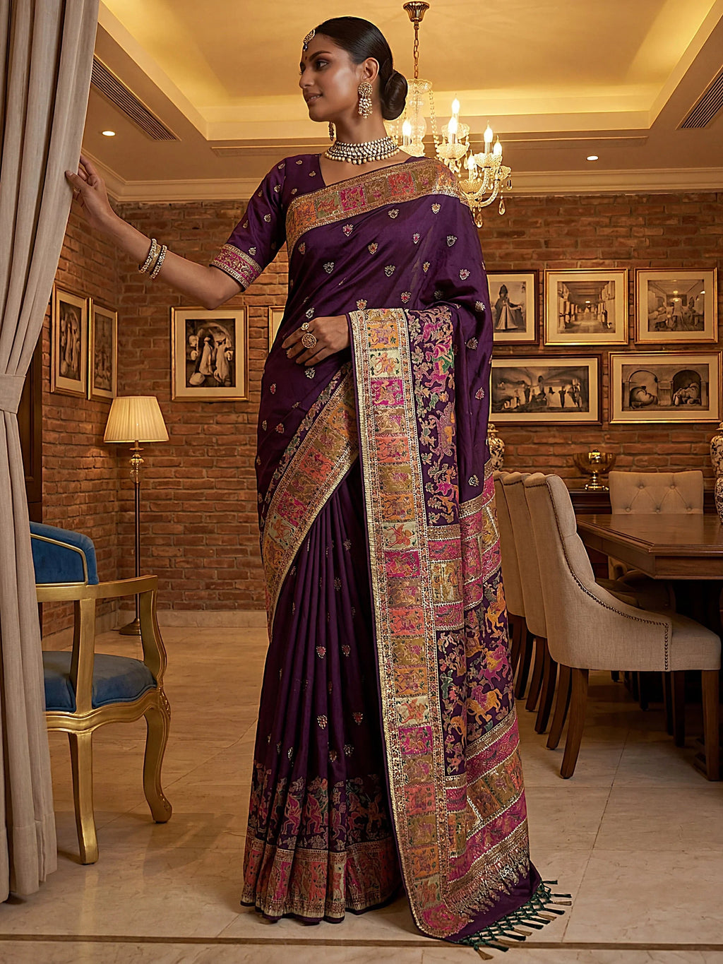 Purple Marvelous Zari Work Pashmina Silk Saree With Blouse