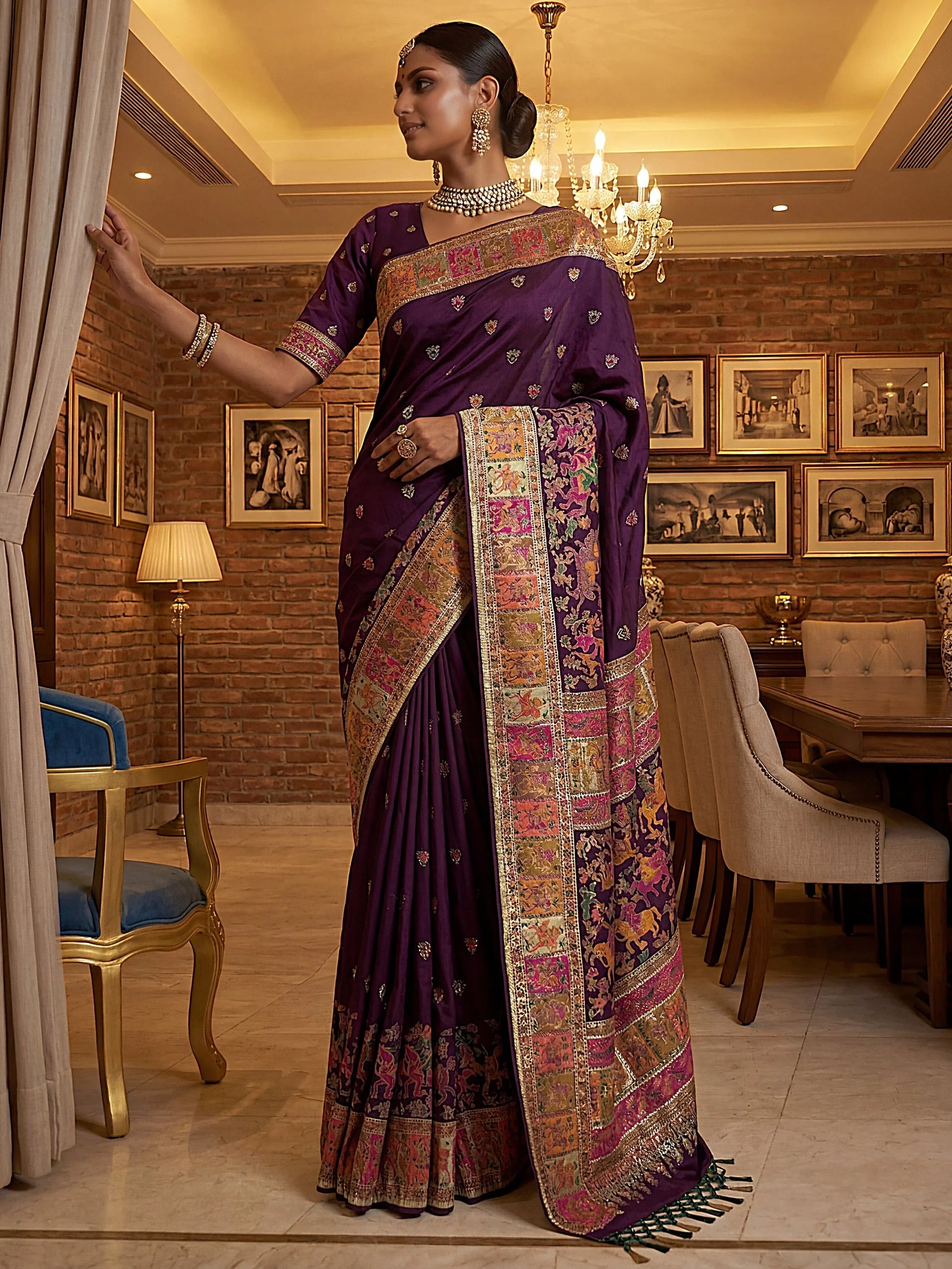 Purple Marvelous Zari Work Pashmina Silk Saree With Blouse