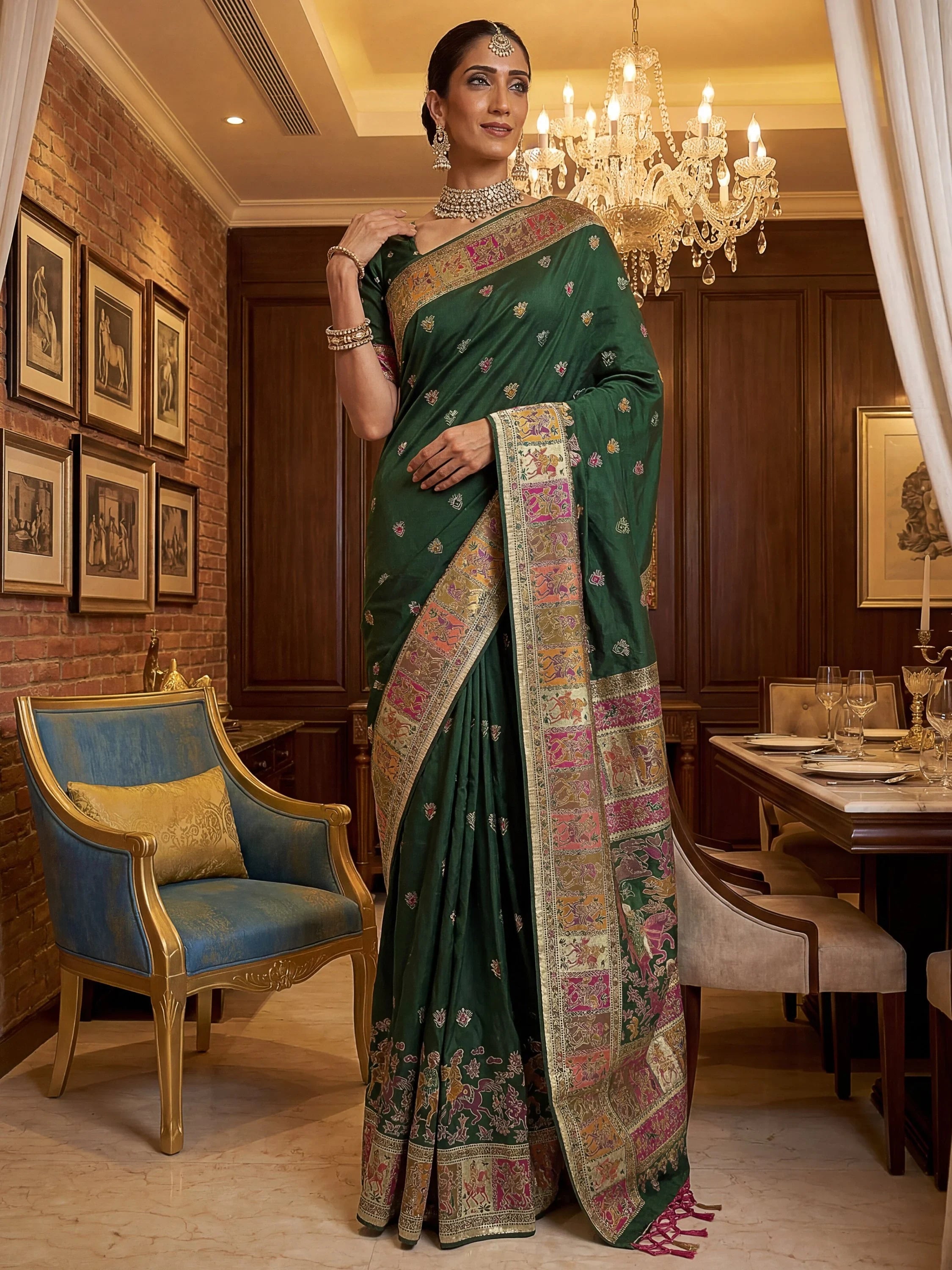 Bottle Green Marvelous Zari Work Pashmina Silk Saree With Blouse