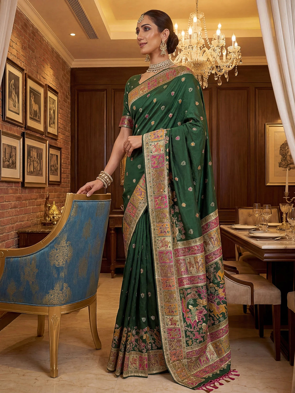 Bottle Green Marvelous Zari Work Pashmina Silk Saree With Blouse