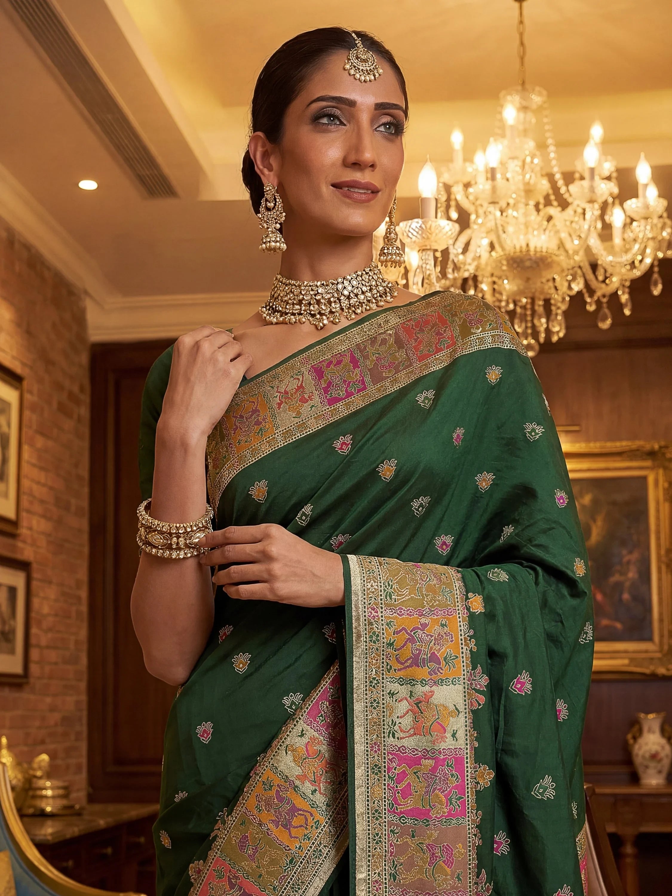 Bottle Green Marvelous Zari Work Pashmina Silk Saree With Blouse