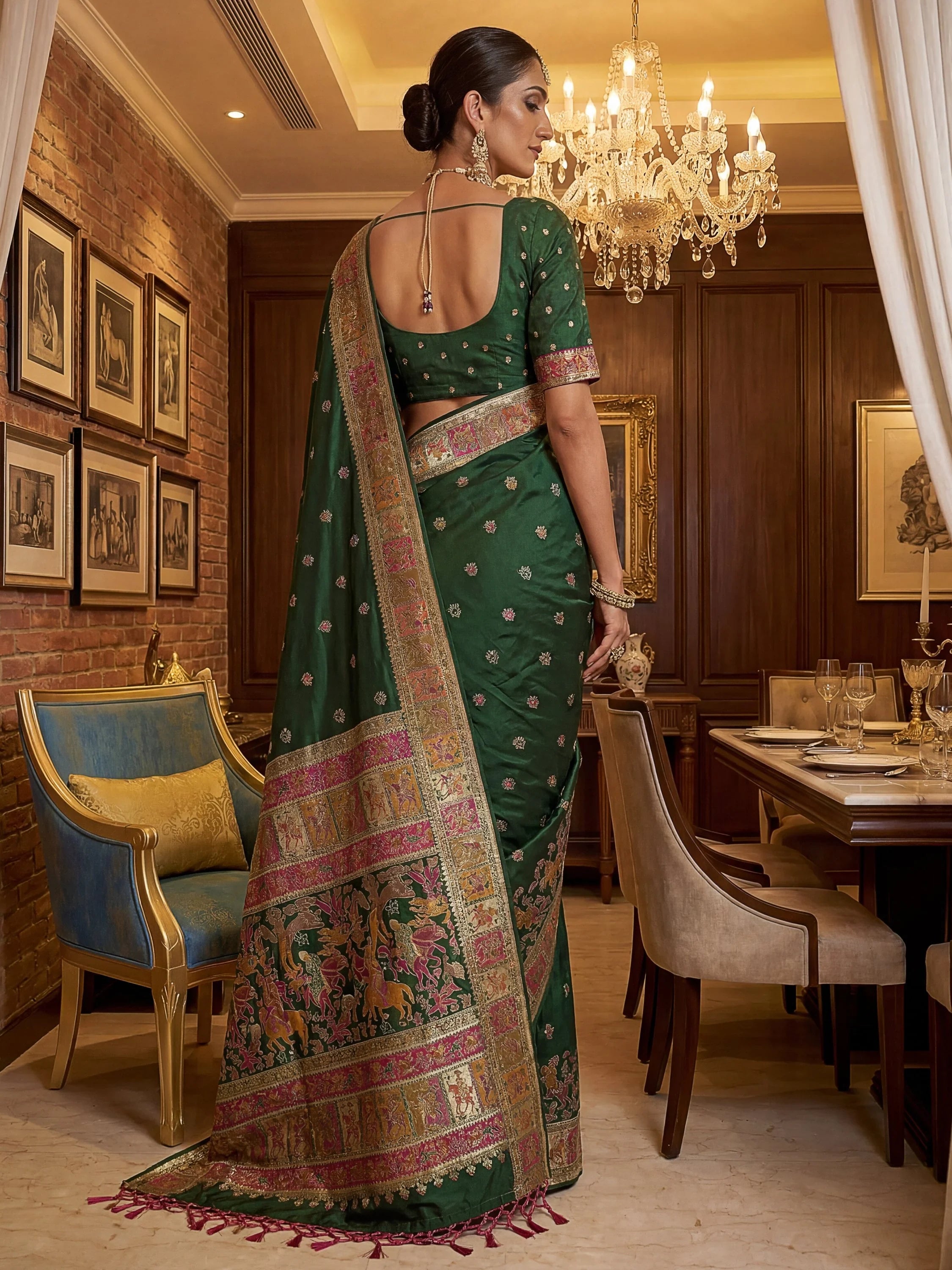 Bottle Green Marvelous Zari Work Pashmina Silk Saree With Blouse