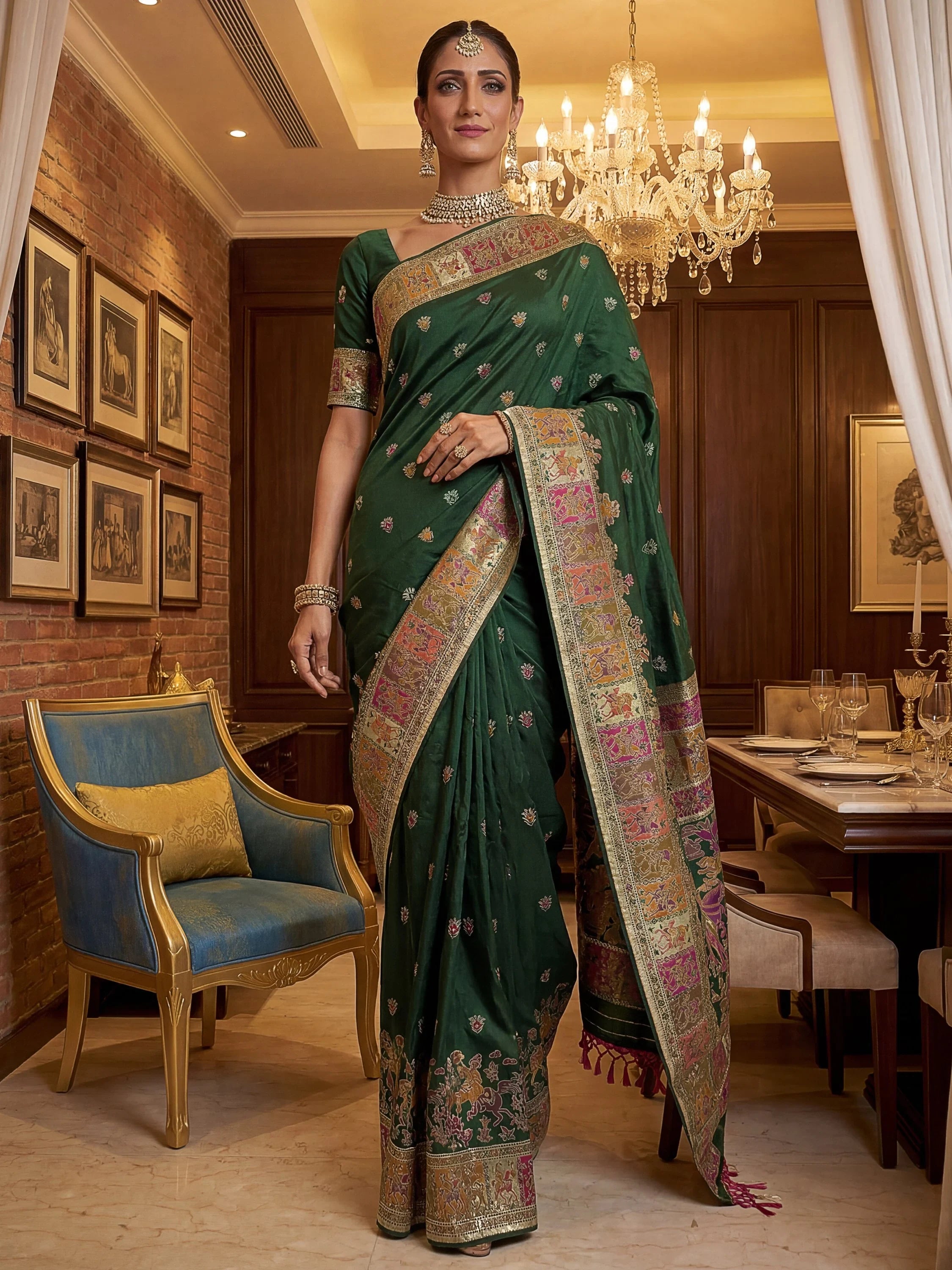 Bottle Green Marvelous Zari Work Pashmina Silk Saree With Blouse