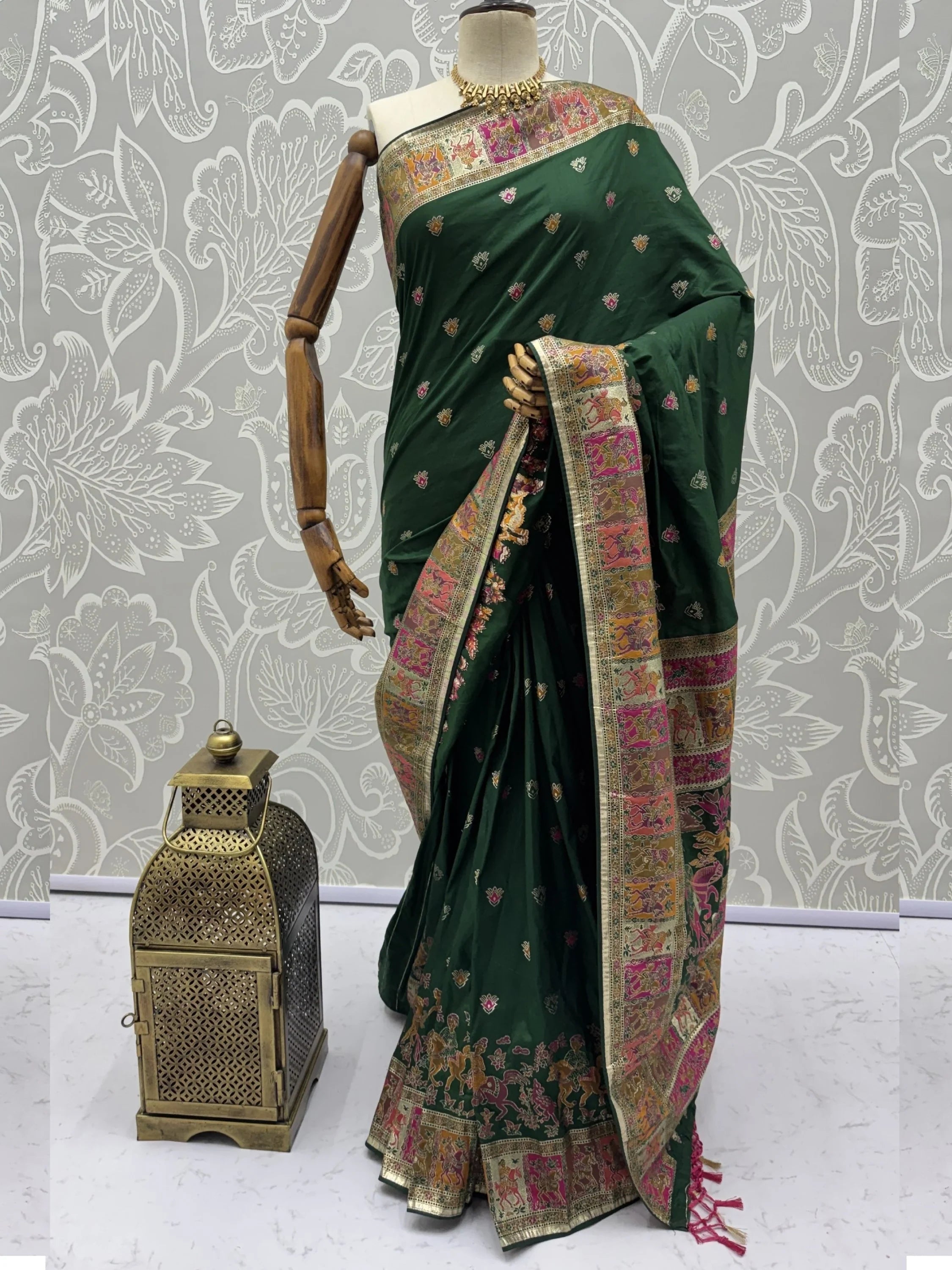 Bottle Green Marvelous Zari Work Pashmina Silk Saree With Blouse