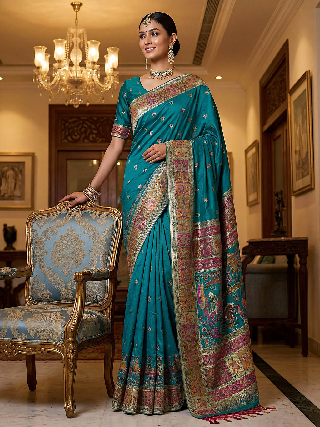 Teal Marvelous Zari Work Pashmina Silk Saree With Blouse