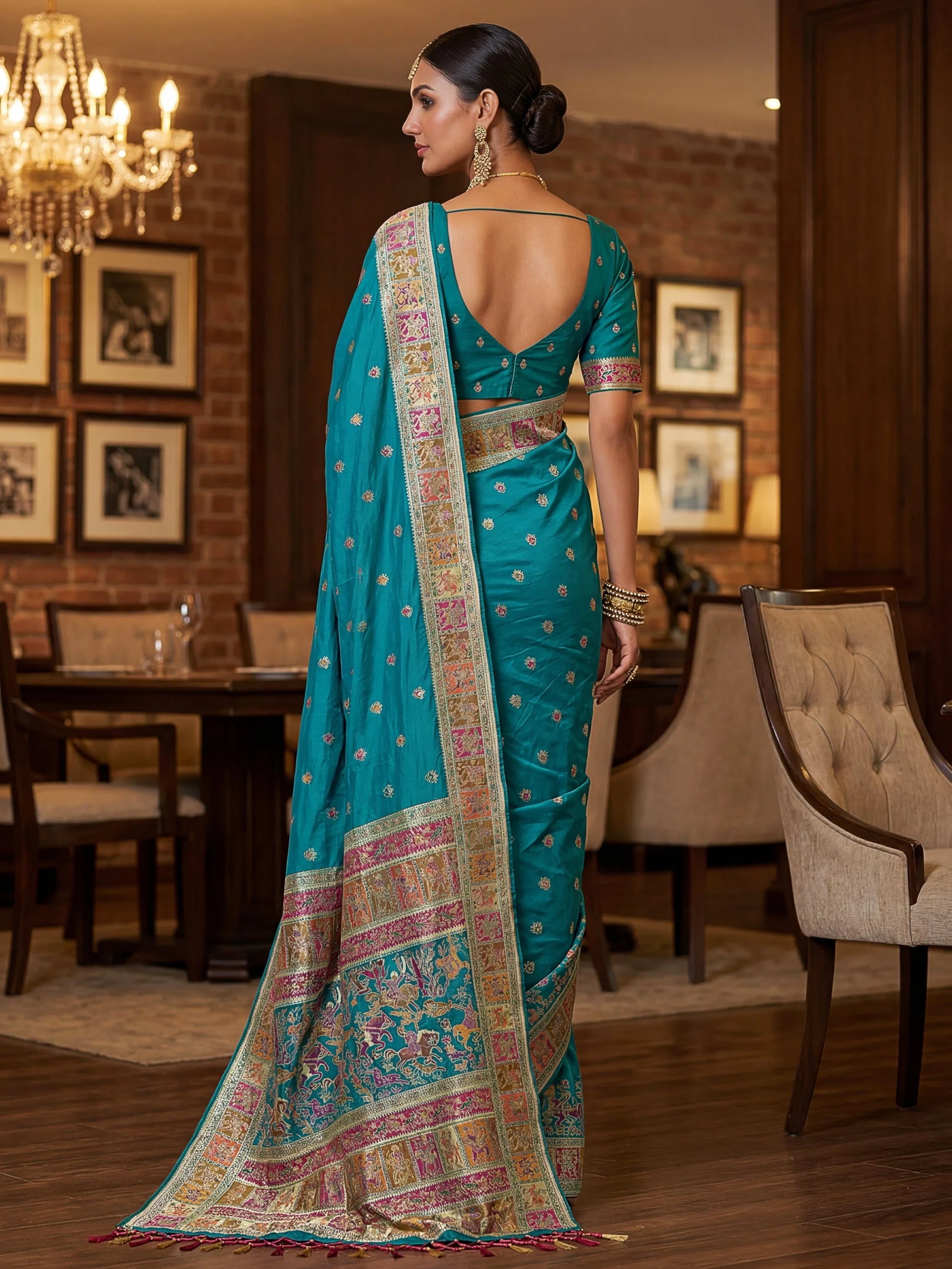 Teal Marvelous Zari Work Pashmina Silk Saree With Blouse