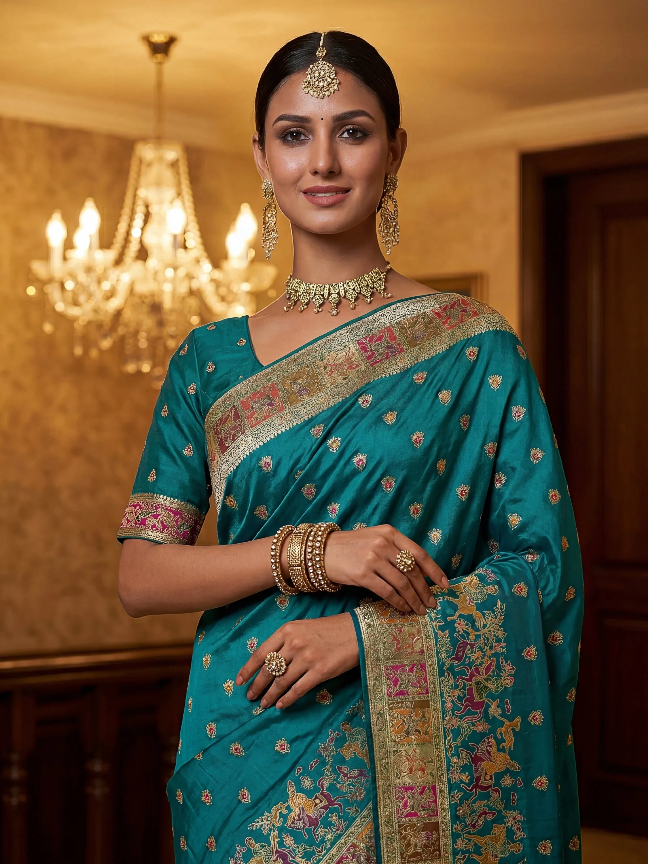 Teal Marvelous Zari Work Pashmina Silk Saree With Blouse