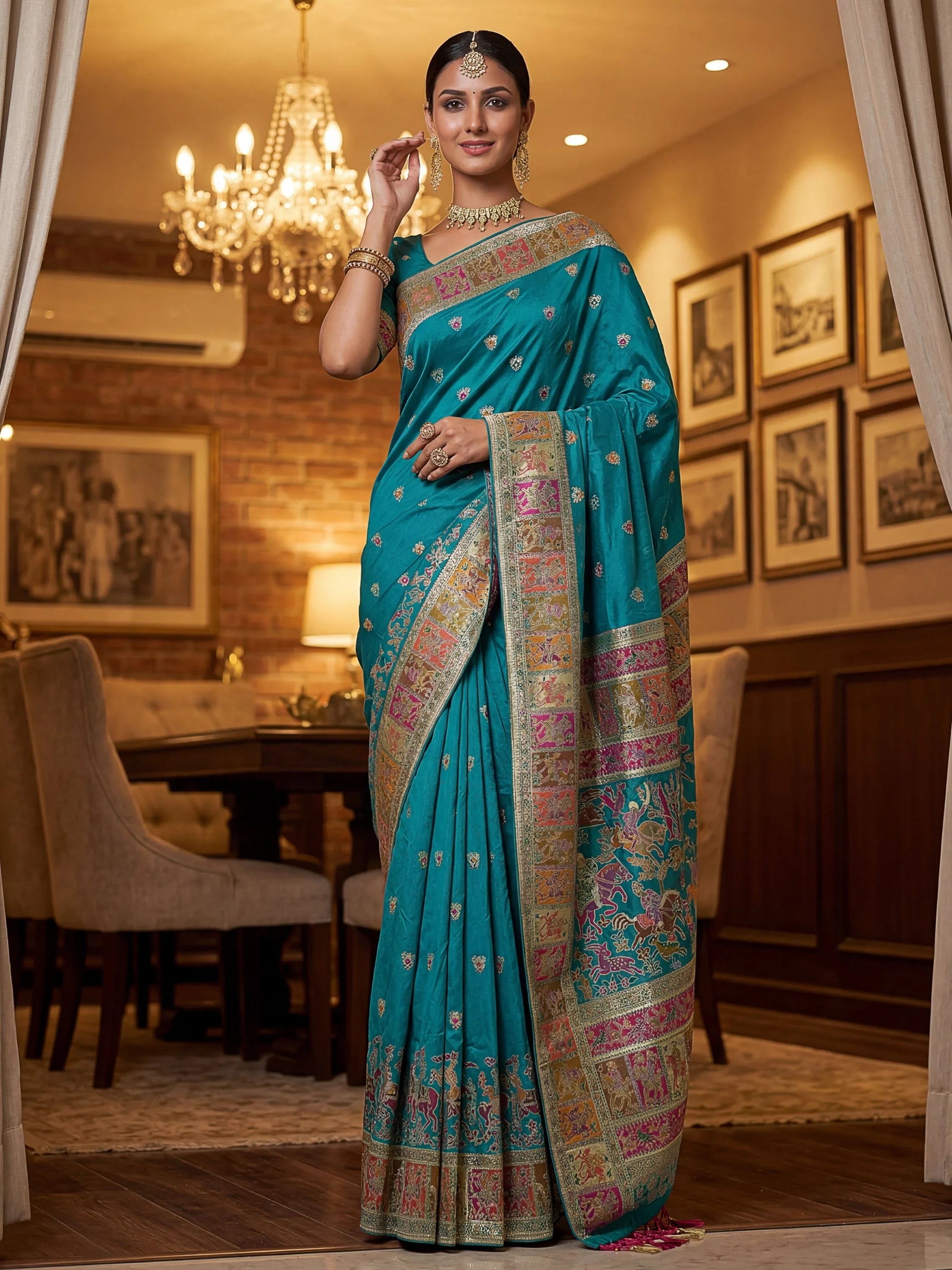 Teal Marvelous Zari Work Pashmina Silk Saree With Blouse