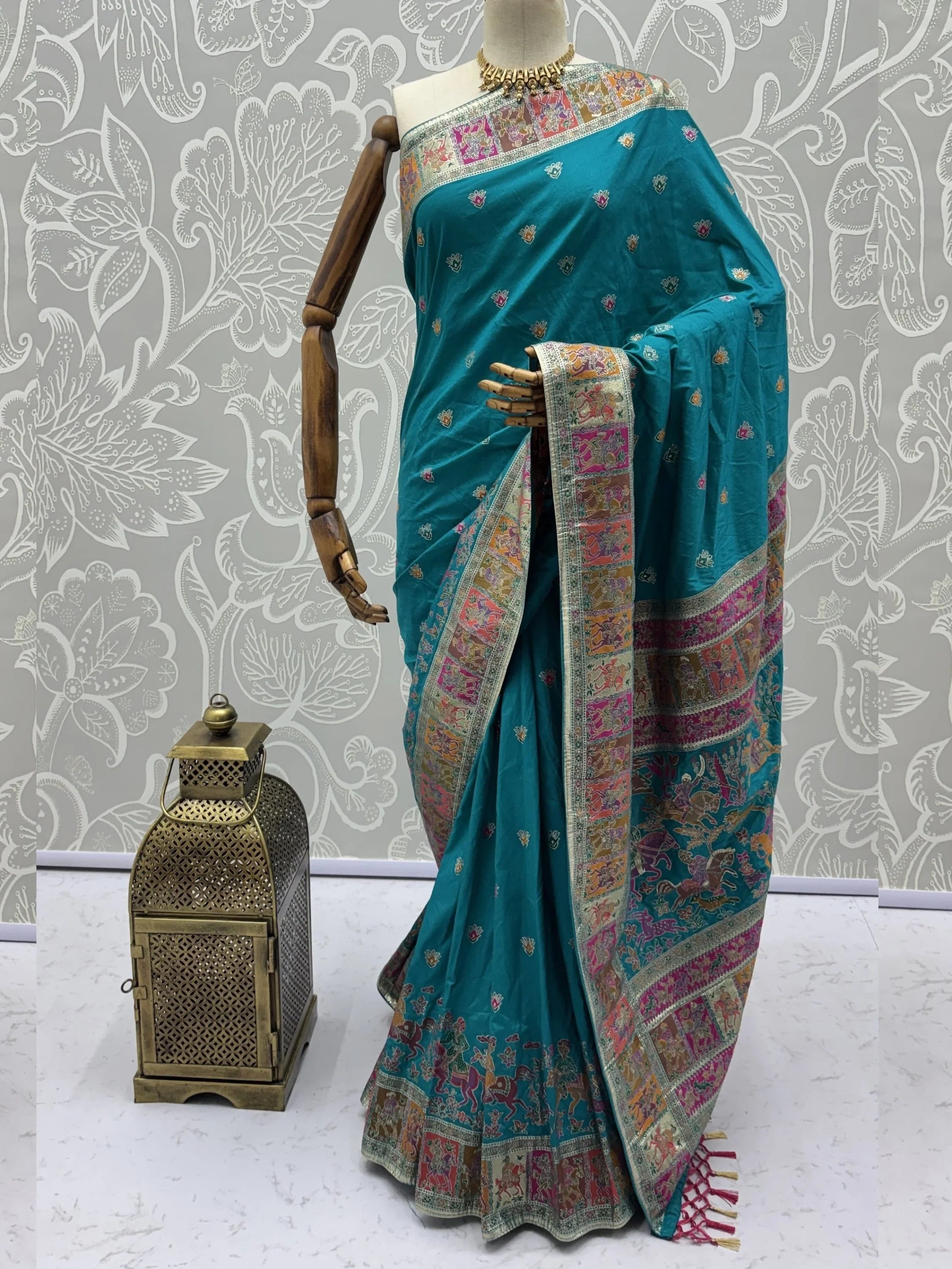 Teal Marvelous Zari Work Pashmina Silk Saree With Blouse