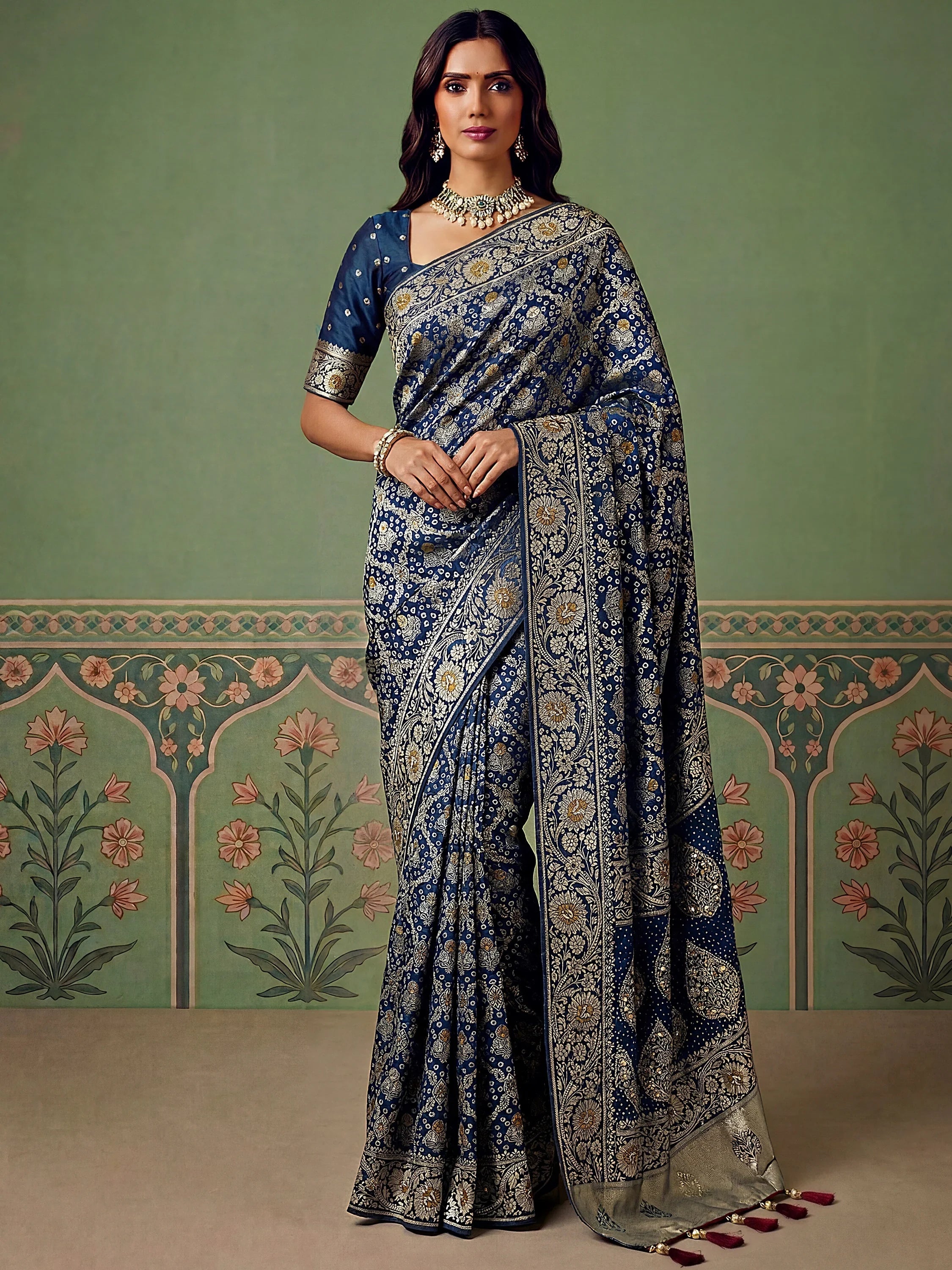 Navy Alluring Zari Work Silk Event Wear Saree With Blouse