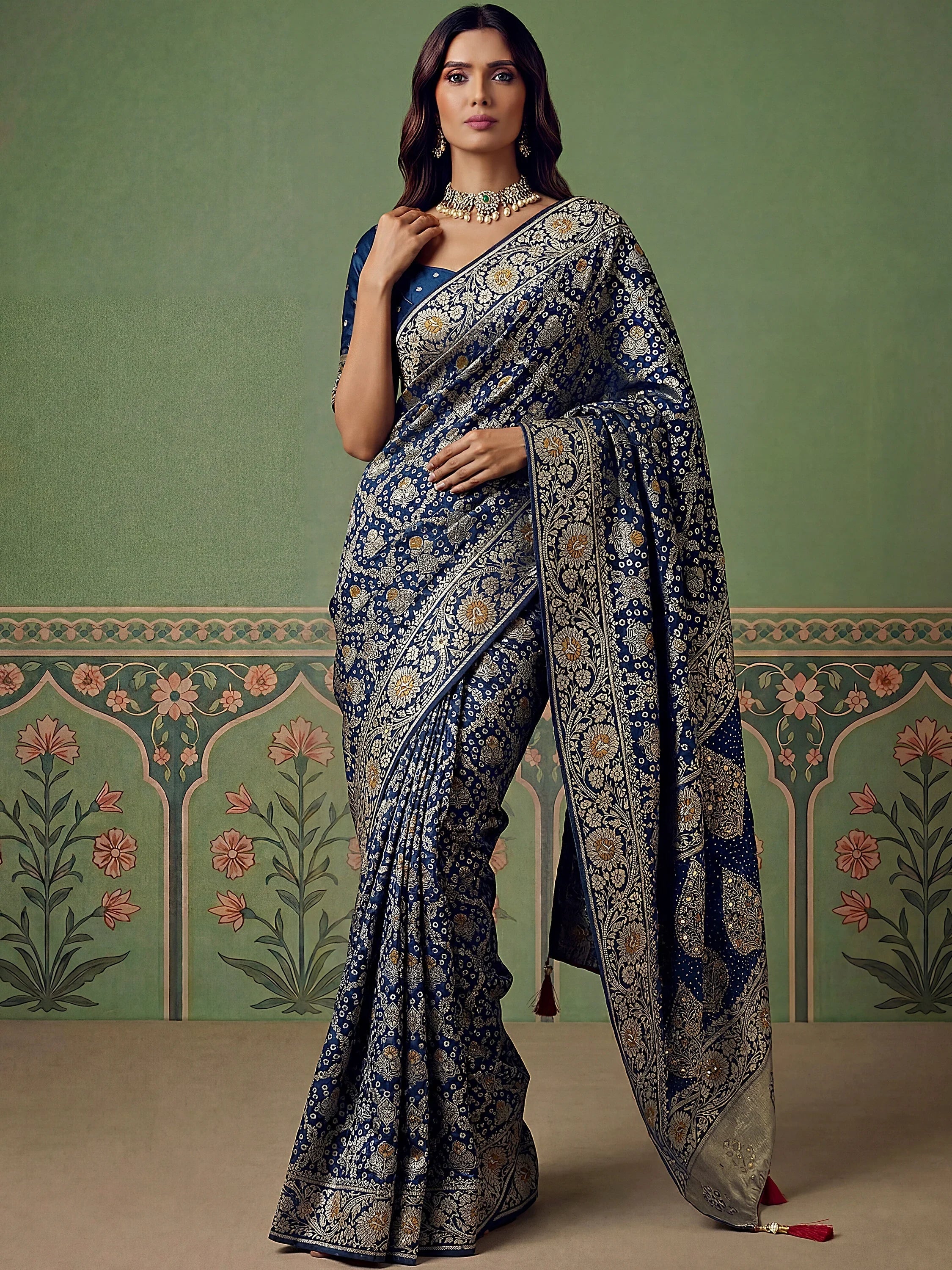 Navy Alluring Zari Work Silk Event Wear Saree With Blouse