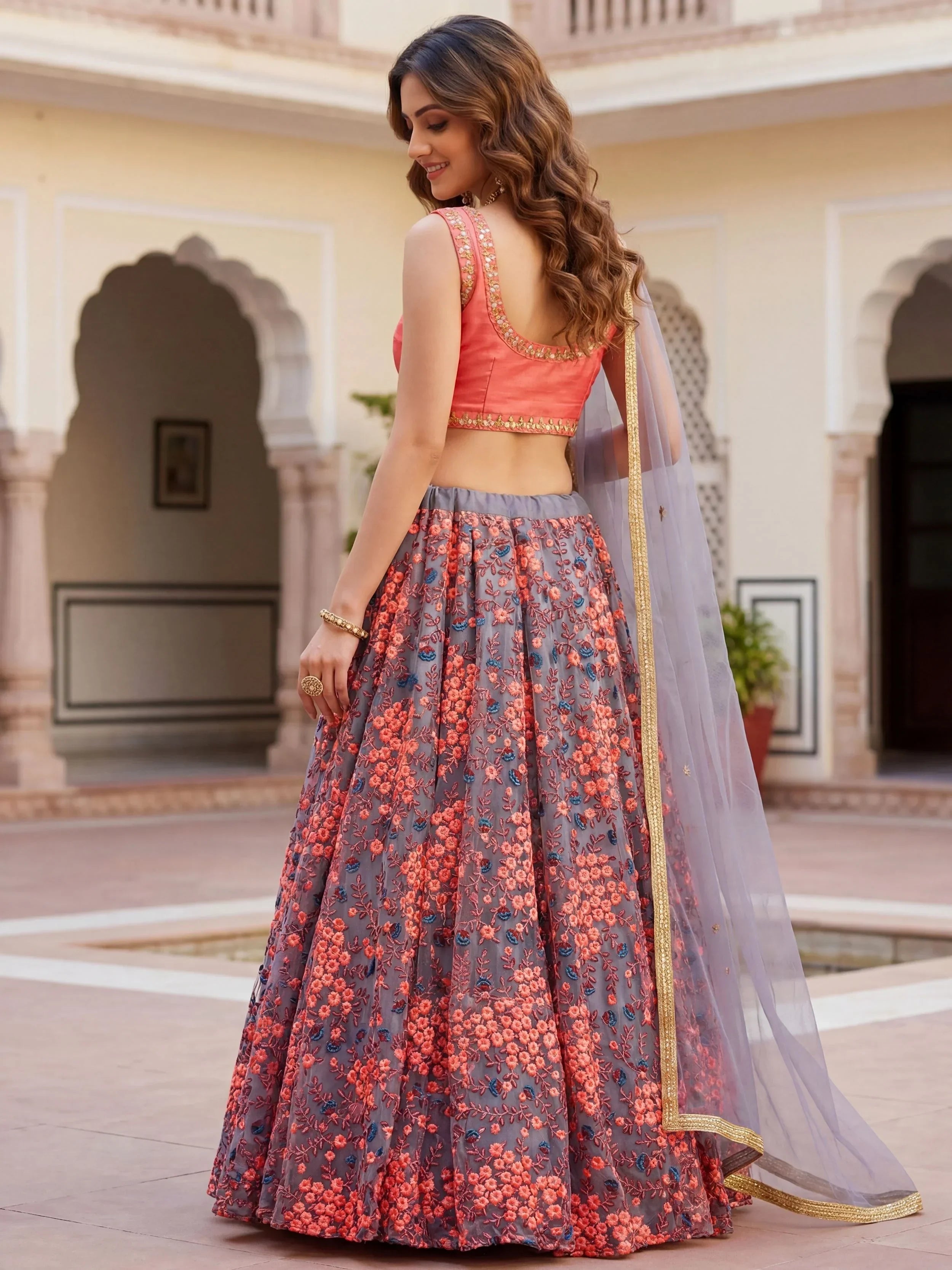 Graceful Grey Embroidered Net Festive Wear Lehenga Choli