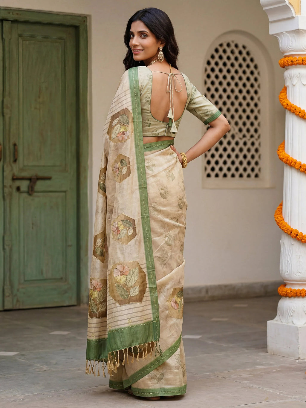 Adorable Beige Floral Printed Silk Traditional Saree With Blouse