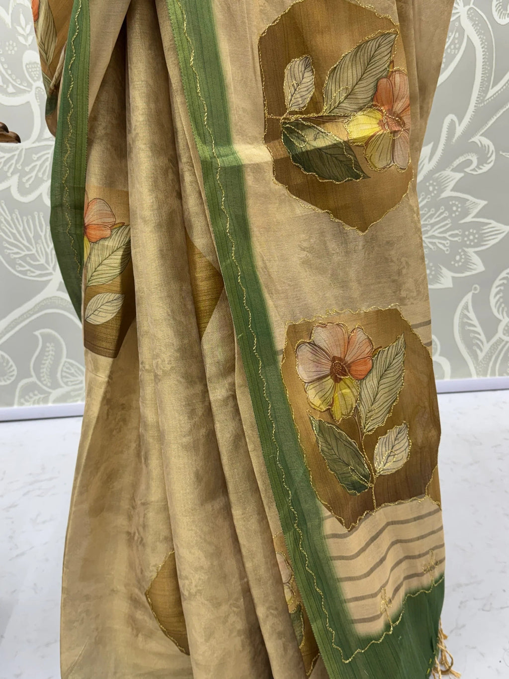 Adorable Beige Floral Printed Silk Traditional Saree With Blouse
