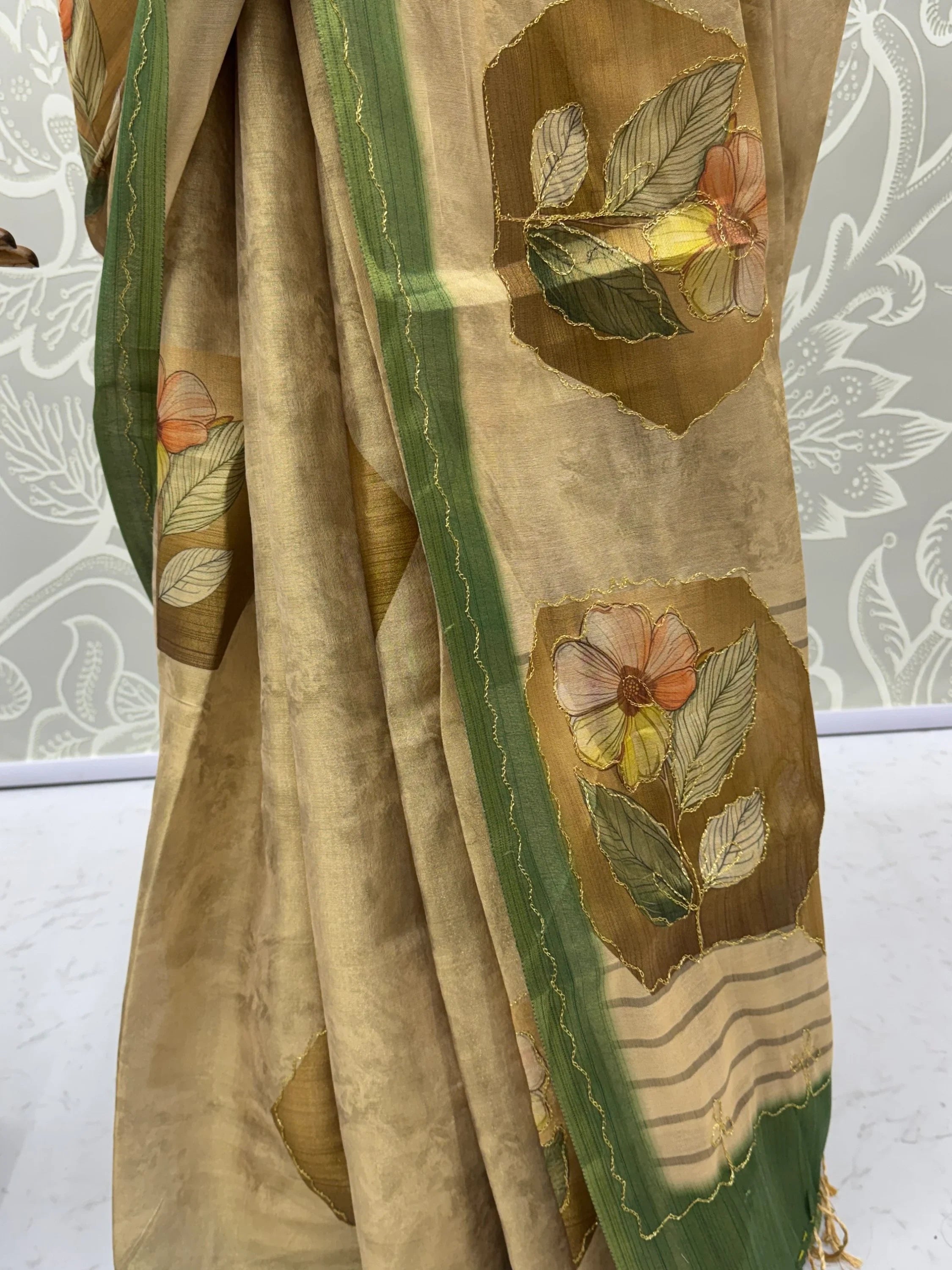 Adorable Beige Floral Printed Silk Traditional Saree With Blouse