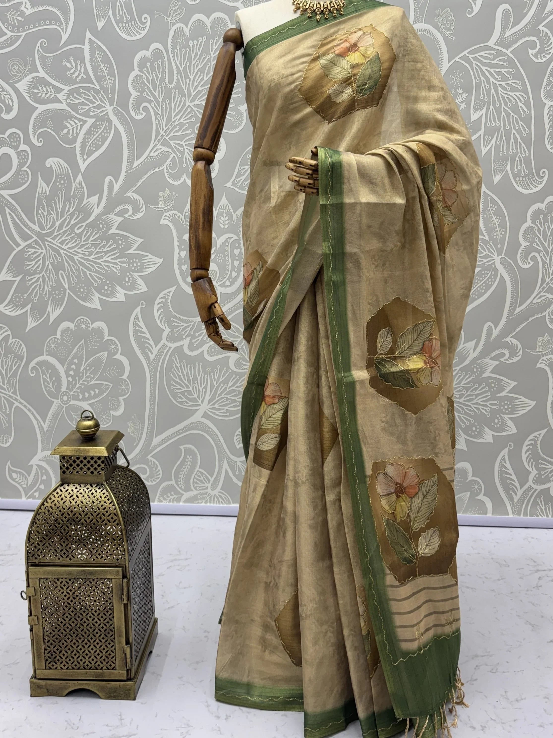 Adorable Beige Floral Printed Silk Traditional Saree With Blouse
