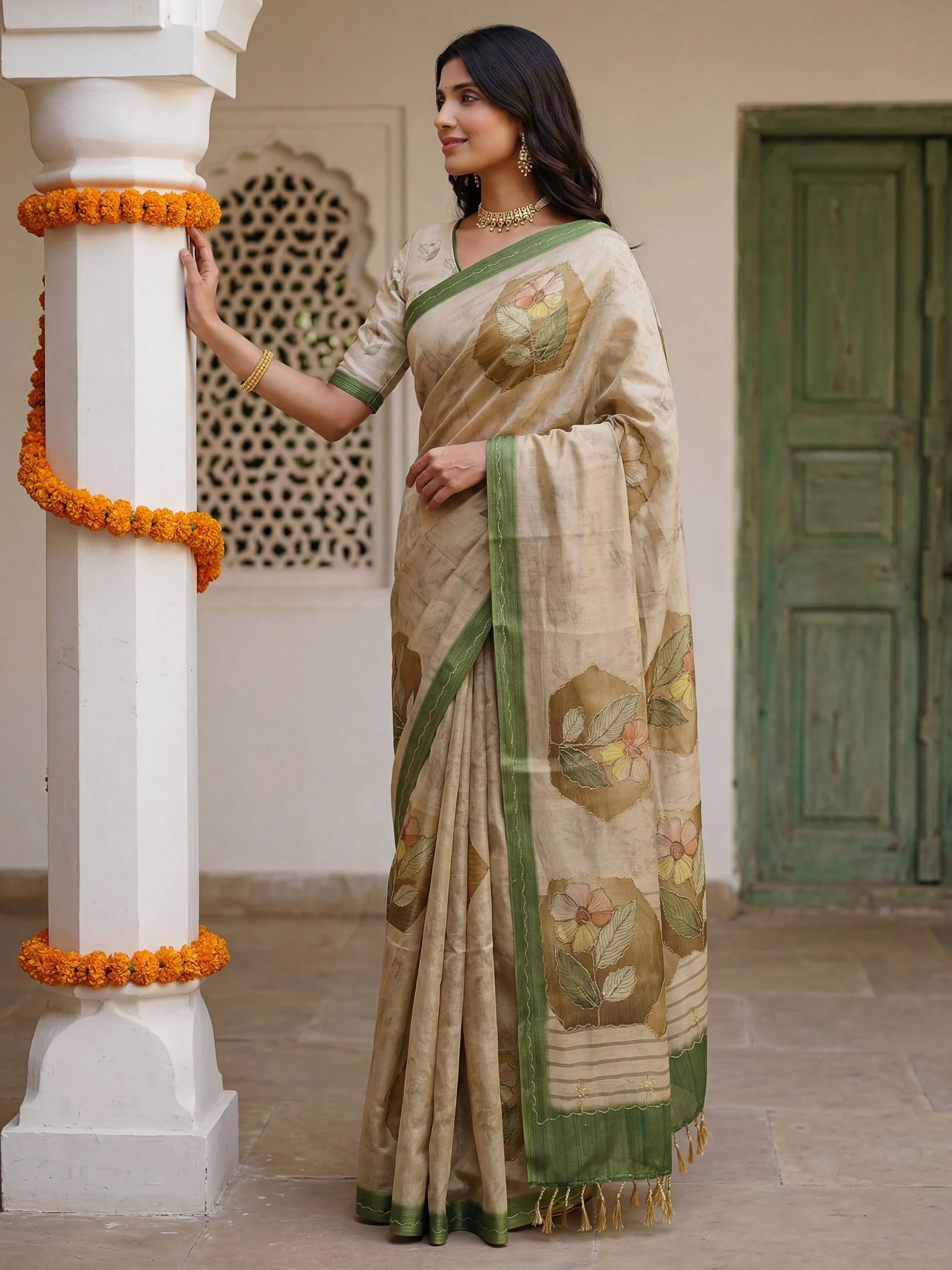 Adorable Beige Floral Printed Silk Traditional Saree With Blouse