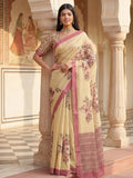 Elegant Cream Flower Printed Silk Event Wear Saree With Blouse