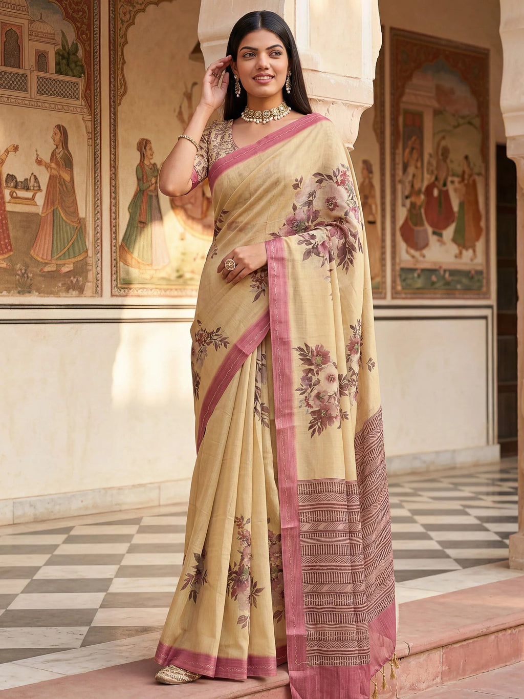 Elegant Cream Flower Printed Silk Event Wear Saree With Blouse