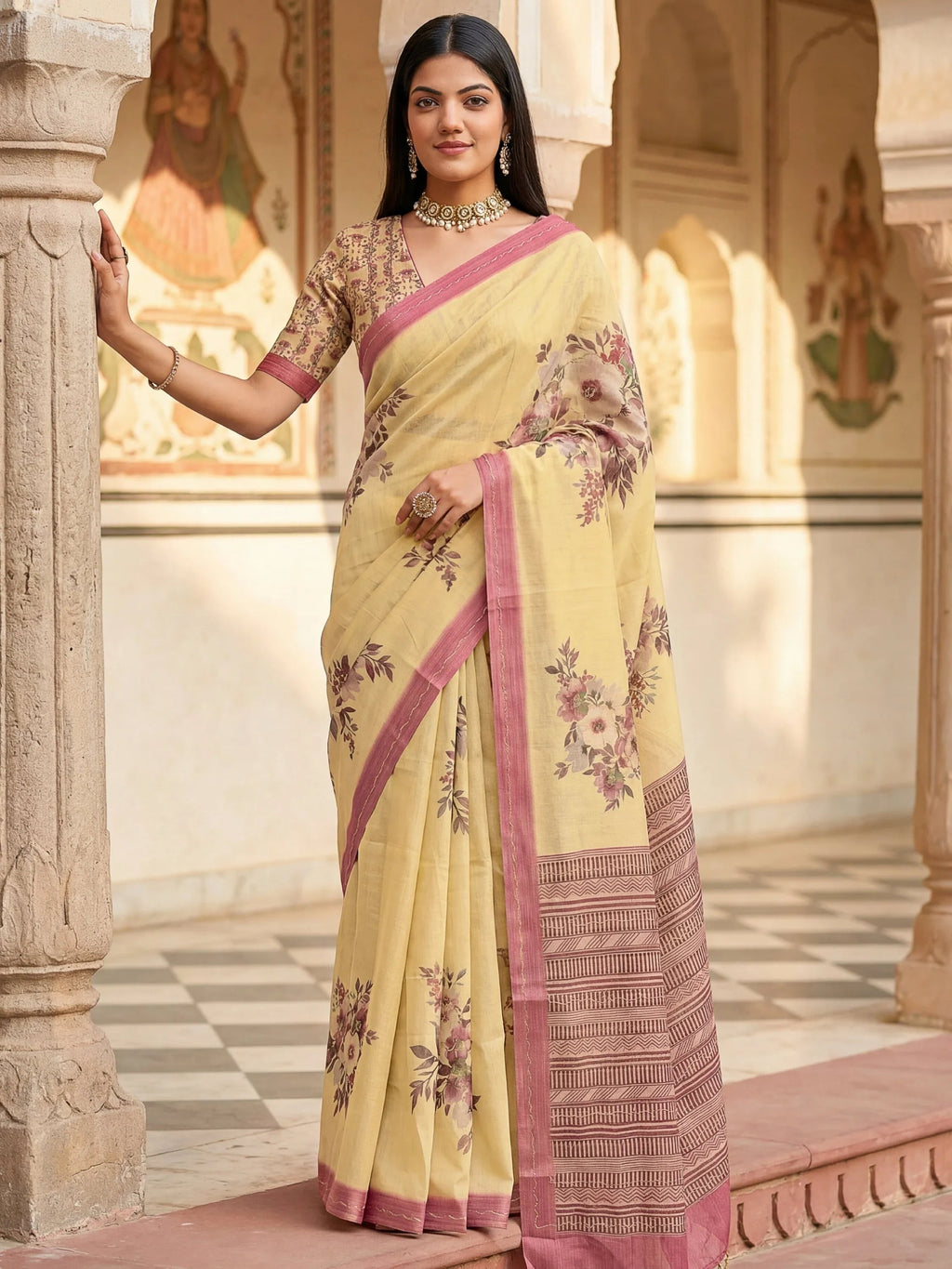 Elegant Cream Flower Printed Silk Event Wear Saree With Blouse