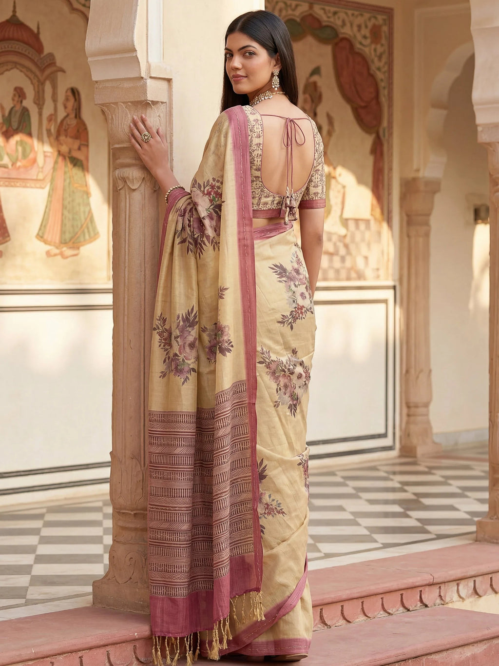 Elegant Cream Flower Printed Silk Event Wear Saree With Blouse