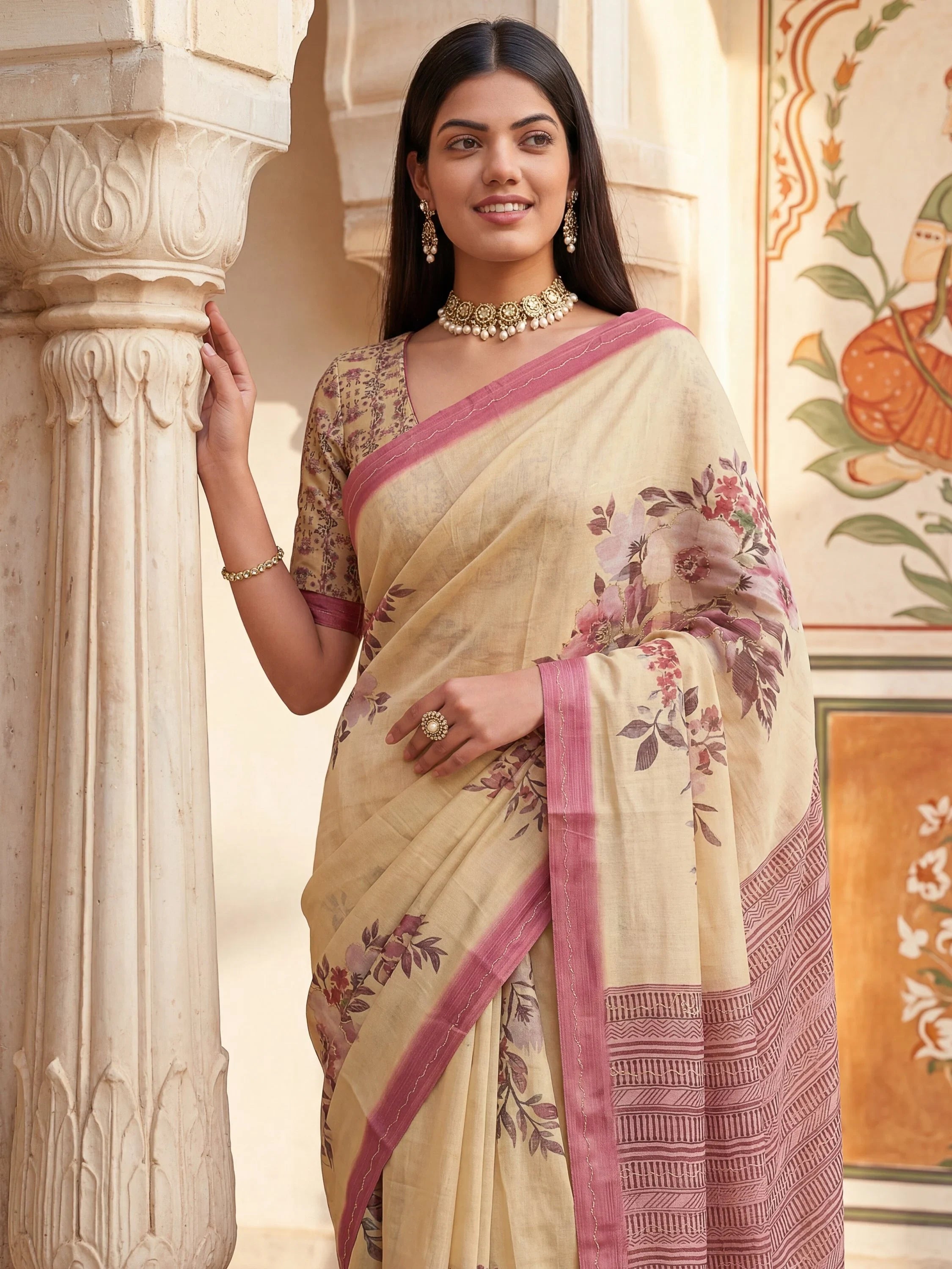 Elegant Cream Flower Printed Silk Event Wear Saree With Blouse