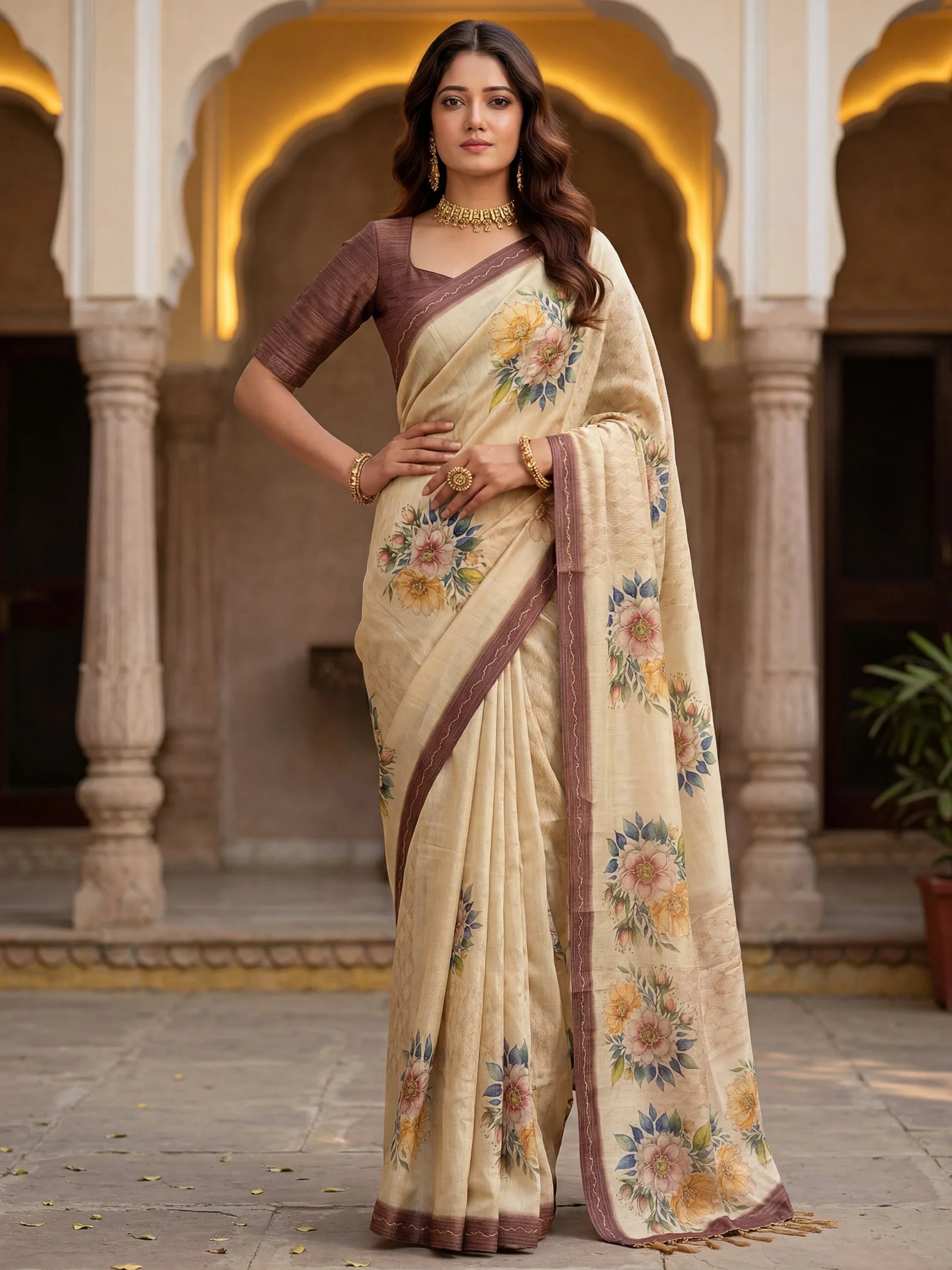 Graceful Cream Floral Printed Silk Wedding Wear Saree With Blouse