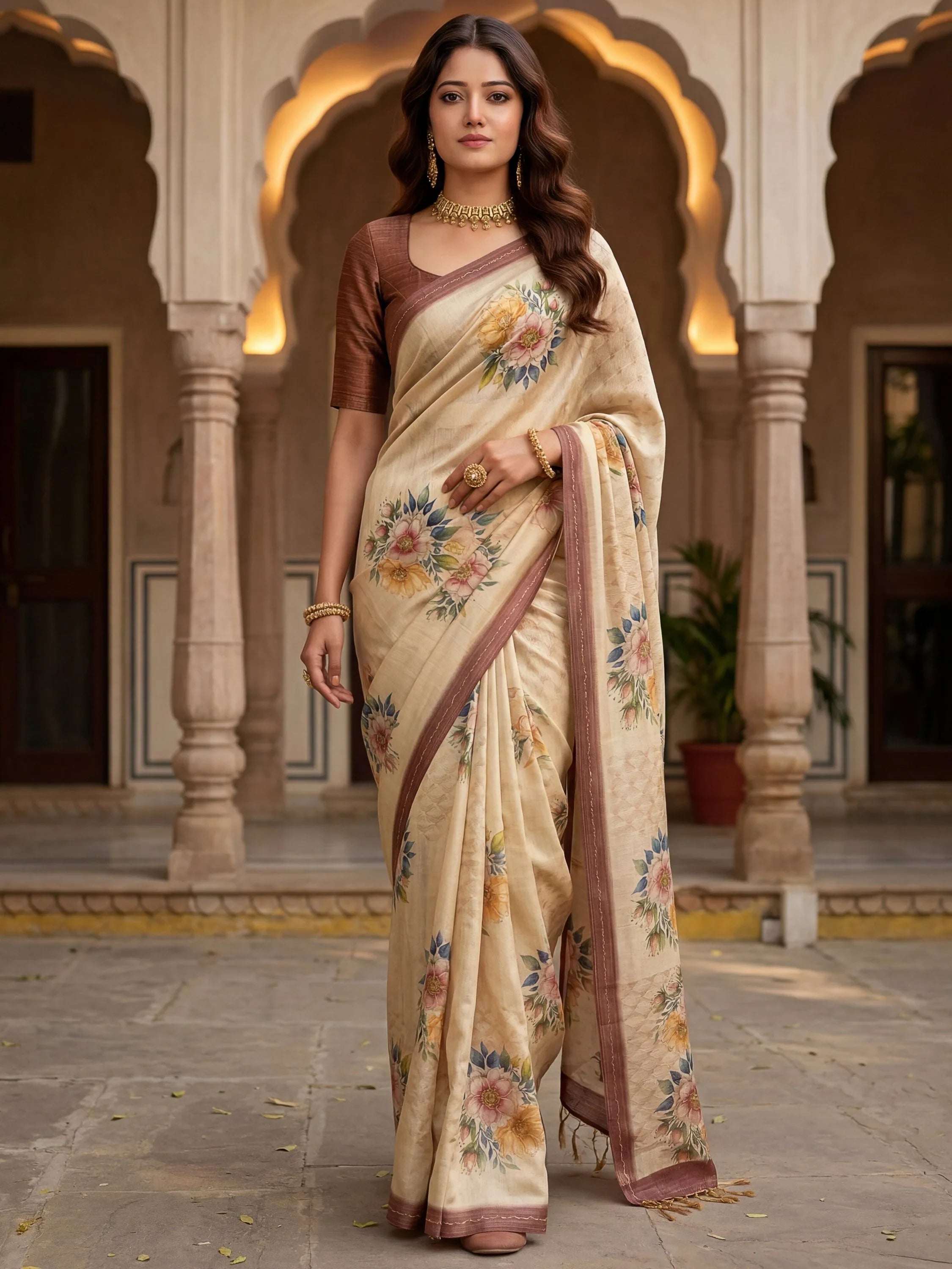 Graceful Cream Floral Printed Silk Wedding Wear Saree With Blouse