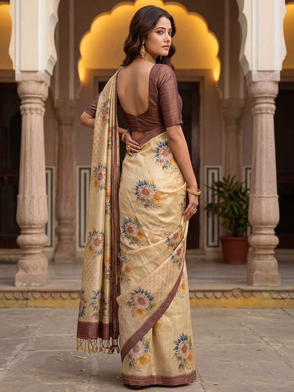 Graceful Cream Floral Printed Silk Wedding Wear Saree With Blouse