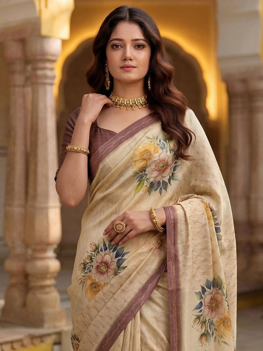 Graceful Cream Floral Printed Silk Wedding Wear Saree With Blouse