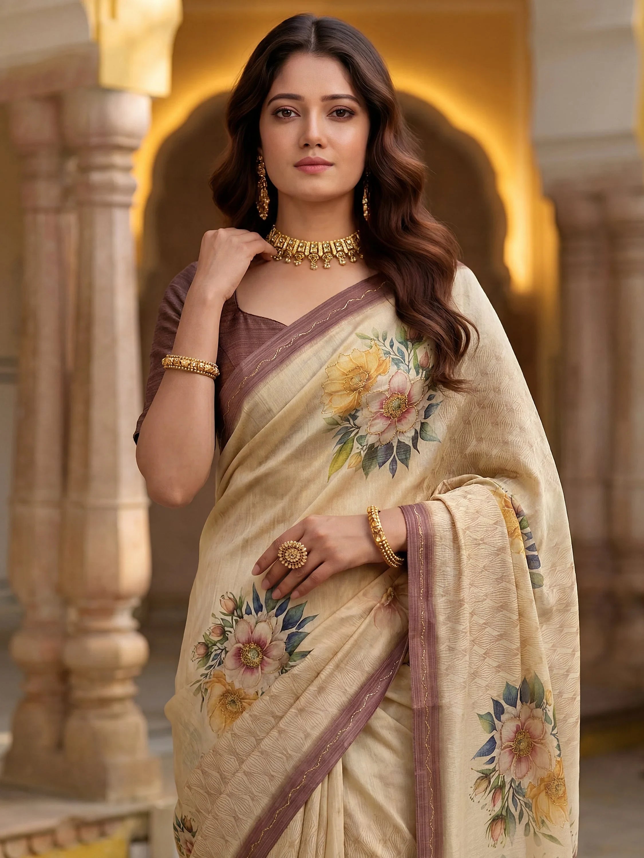 Graceful Cream Floral Printed Silk Wedding Wear Saree With Blouse