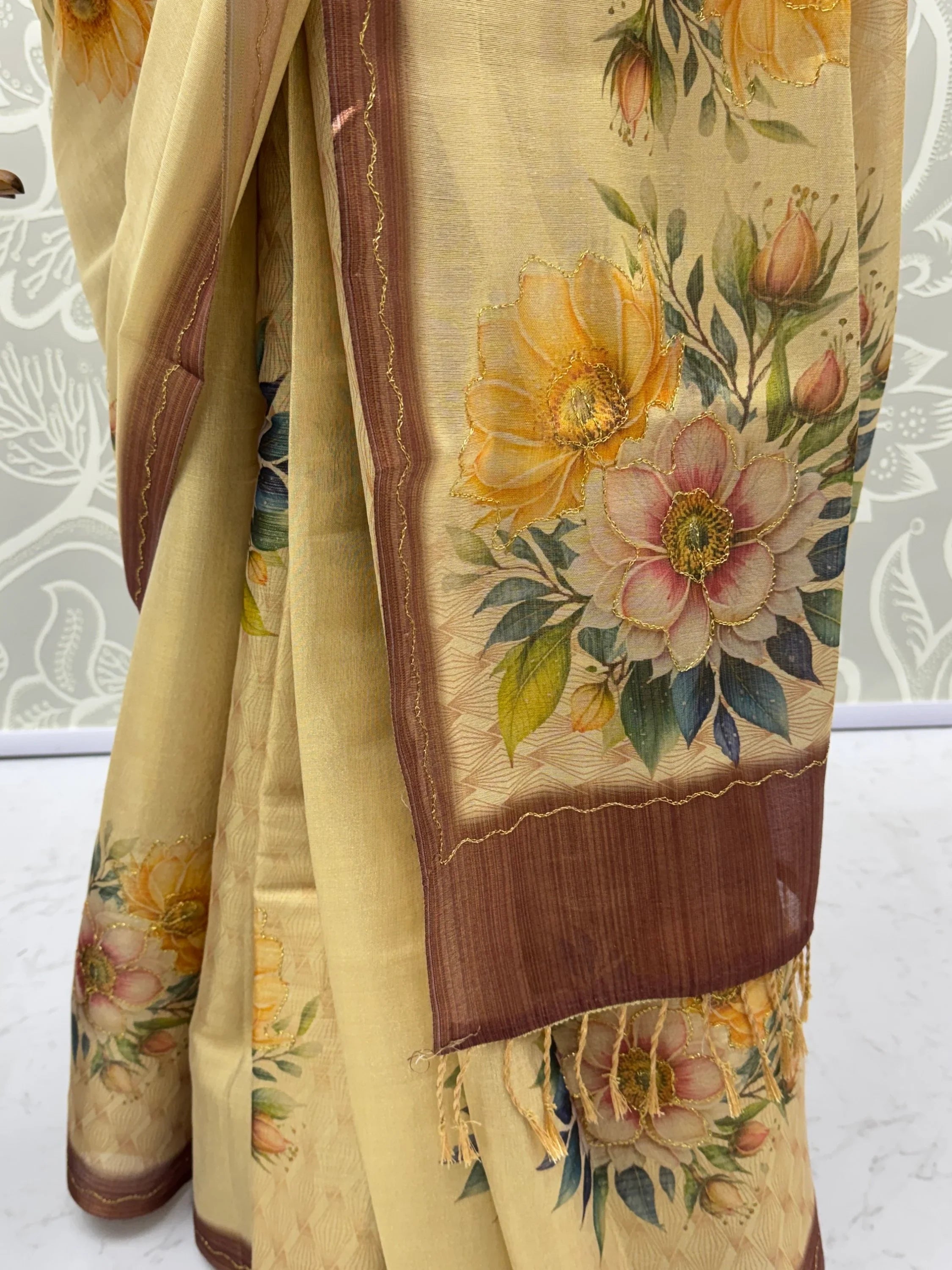Graceful Cream Floral Printed Silk Wedding Wear Saree With Blouse