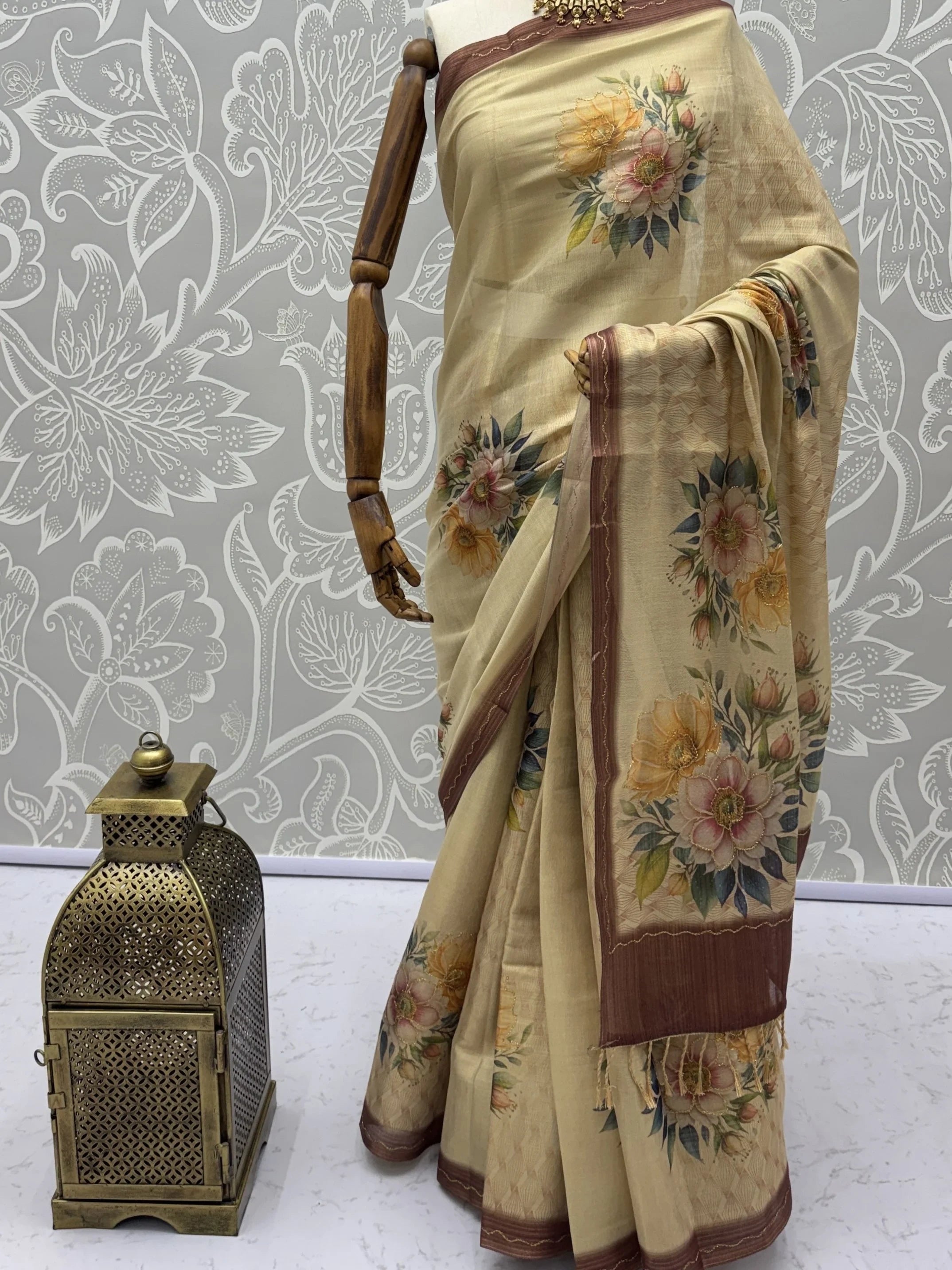 Graceful Cream Floral Printed Silk Wedding Wear Saree With Blouse