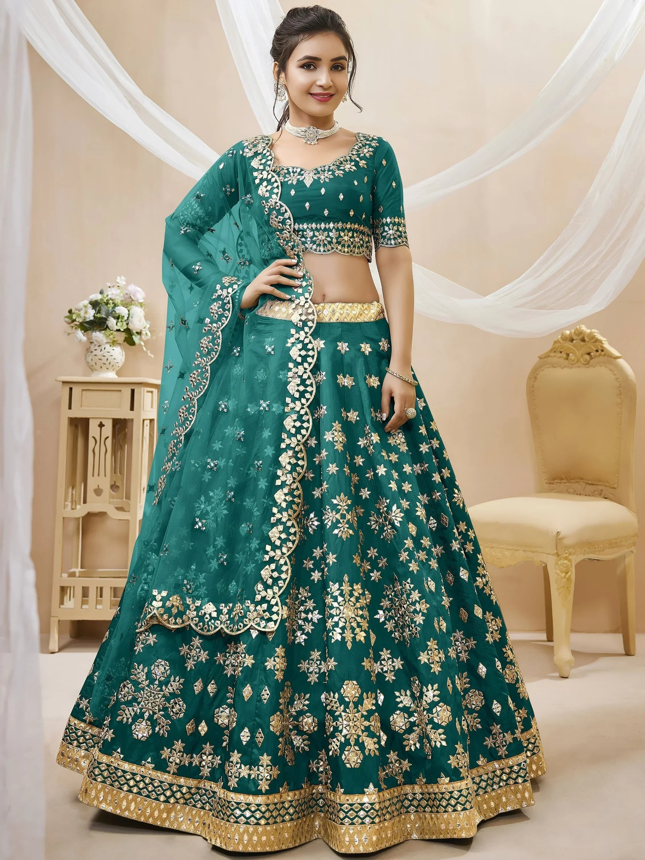 Teal Spectacular Zari Work Art Silk Bridesmaid Lehenga Choli
