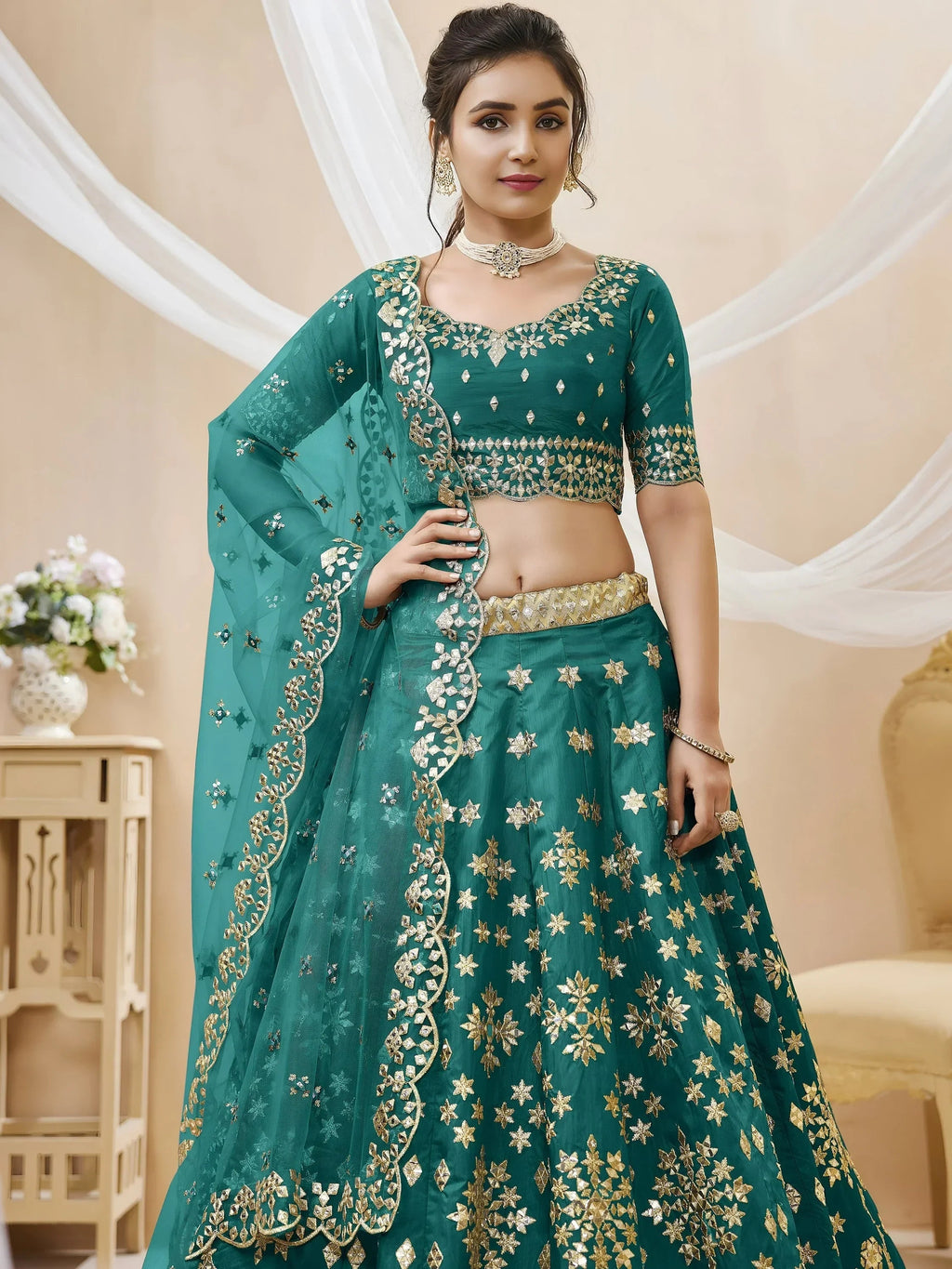 Teal Spectacular Zari Work Art Silk Bridesmaid Lehenga Choli