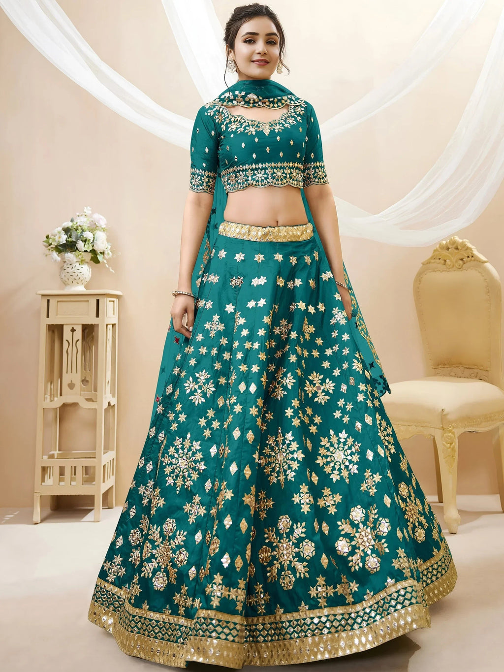 Teal Spectacular Zari Work Art Silk Bridesmaid Lehenga Choli