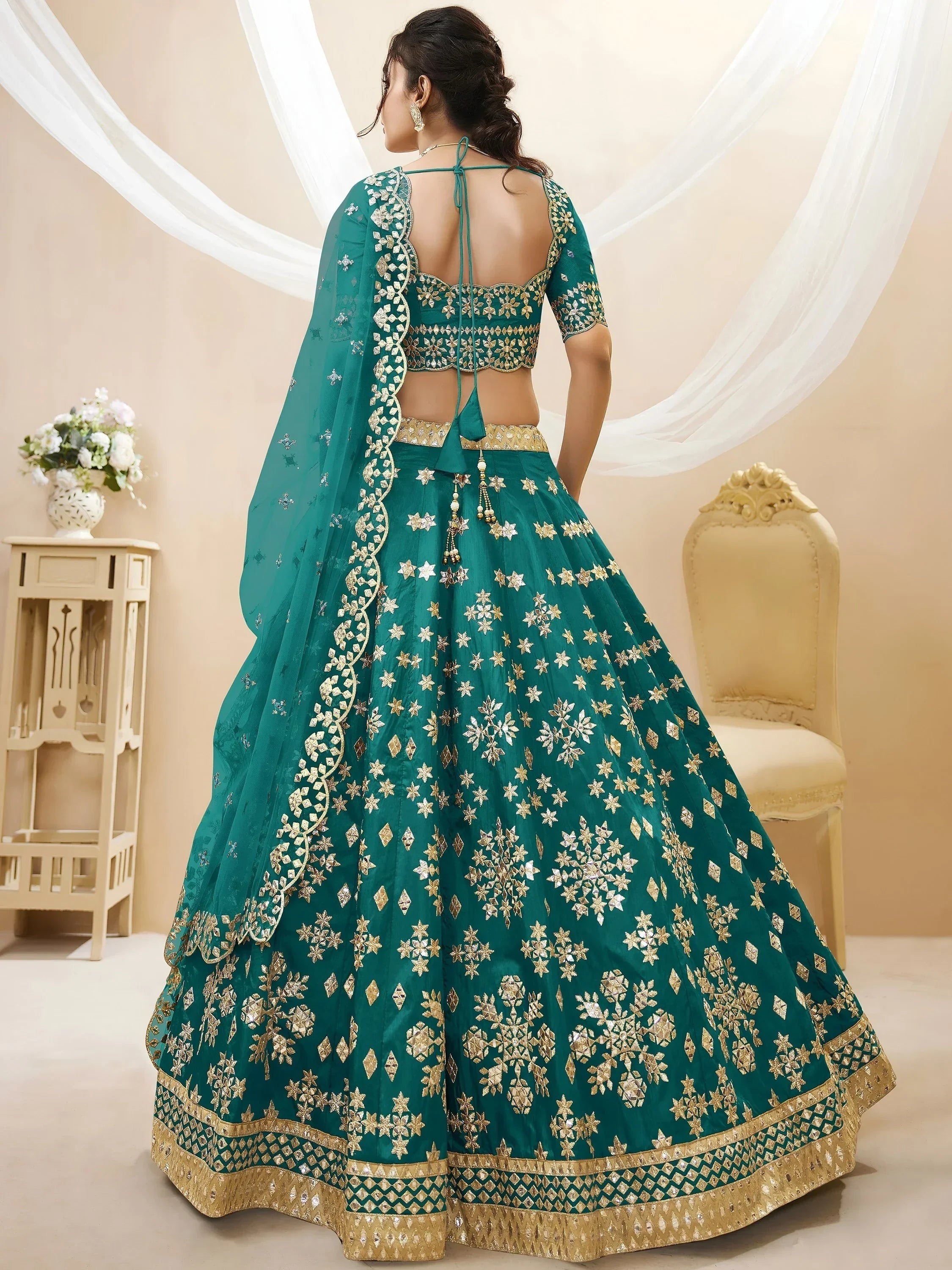 Teal Spectacular Zari Work Art Silk Bridesmaid Lehenga Choli