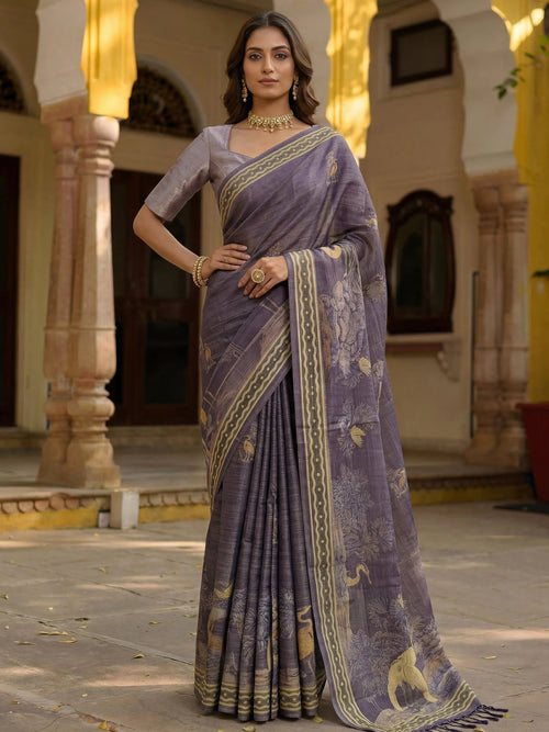 Beautiful Lavender Digital Printed Silk Event Wear Saree With Blouse