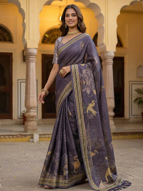 Beautiful Lavender Digital Printed Silk Event Wear Saree With Blouse