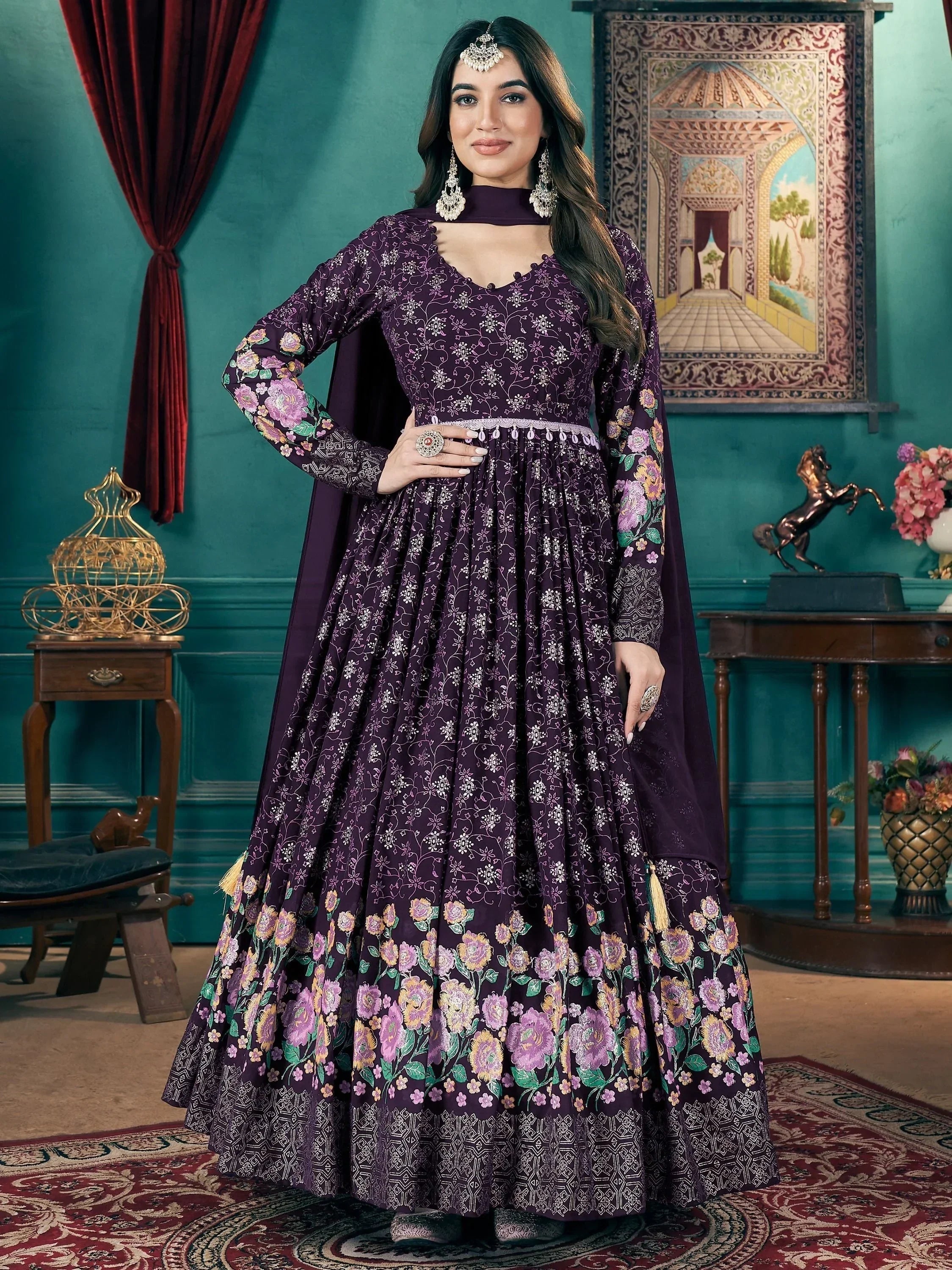 Enchanting Purple Foil Printed Georgette Bridesmaid Gown With Belt