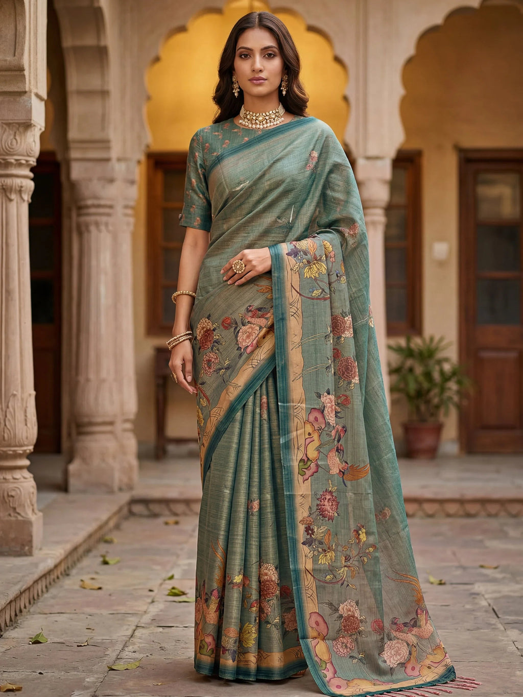 Dazzling Teal Green Floral Printed Silk Traditional Saree With Blouse