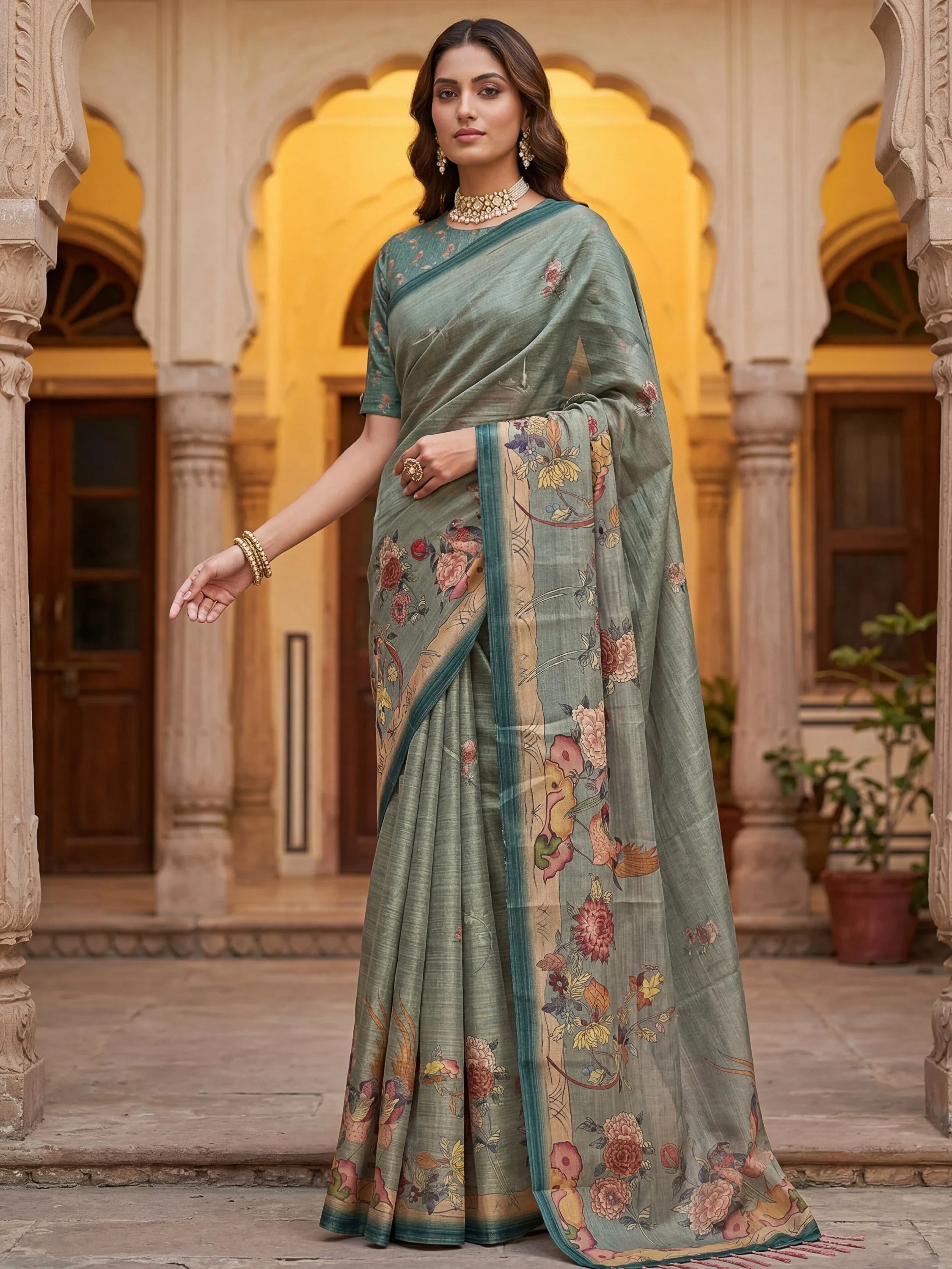 Dazzling Teal Green Floral Printed Silk Traditional Saree With Blouse