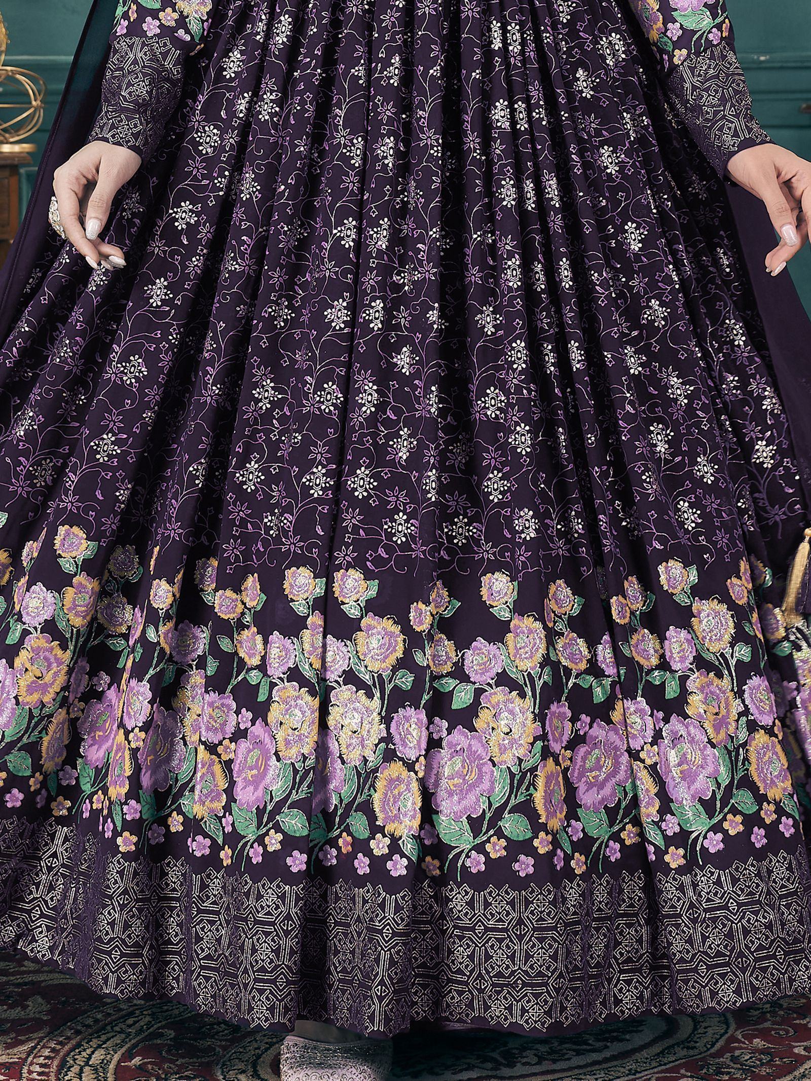 Enchanting Purple Foil Printed Georgette Bridesmaid Gown With Belt