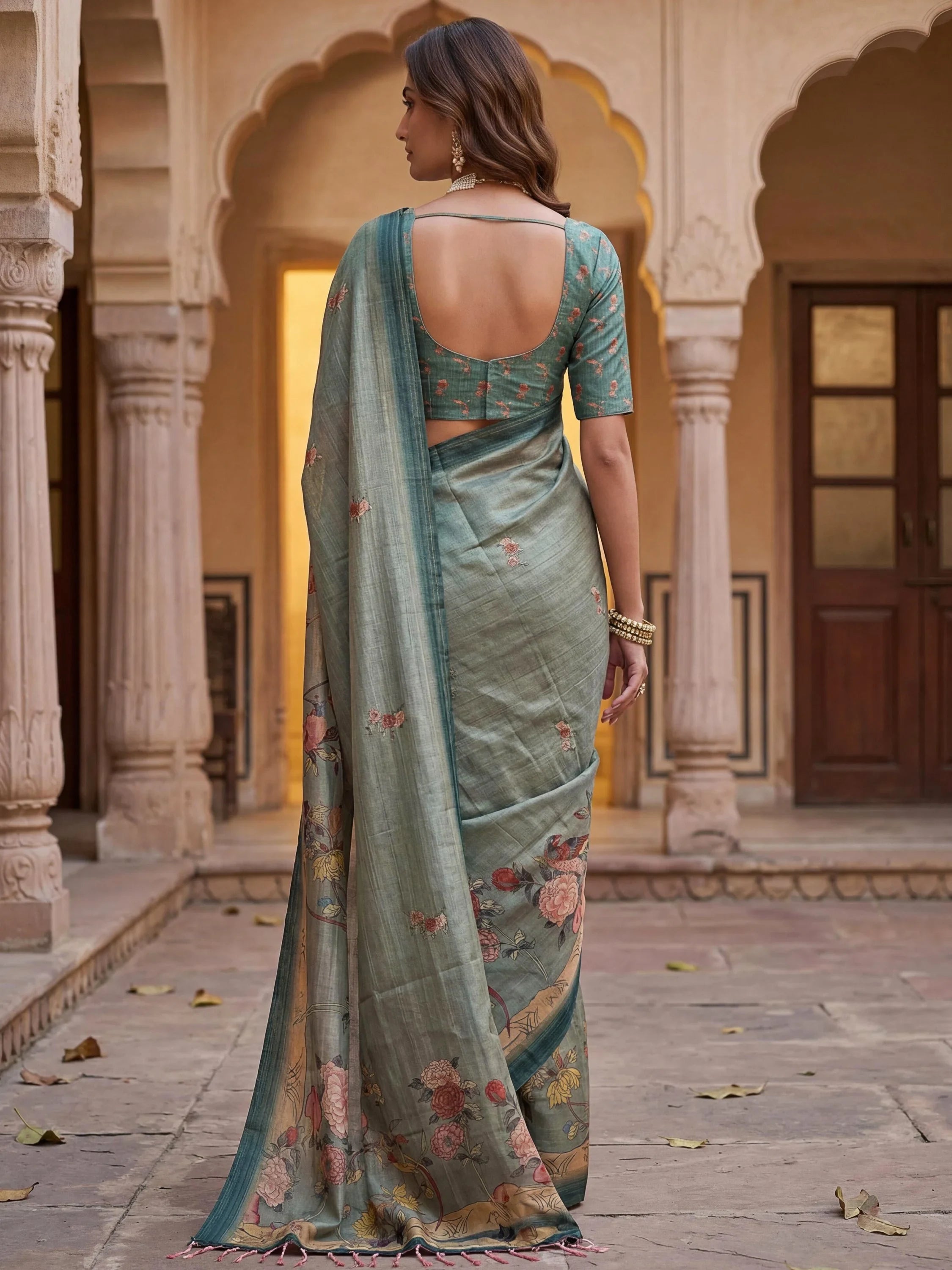 Dazzling Teal Green Floral Printed Silk Traditional Saree With Blouse