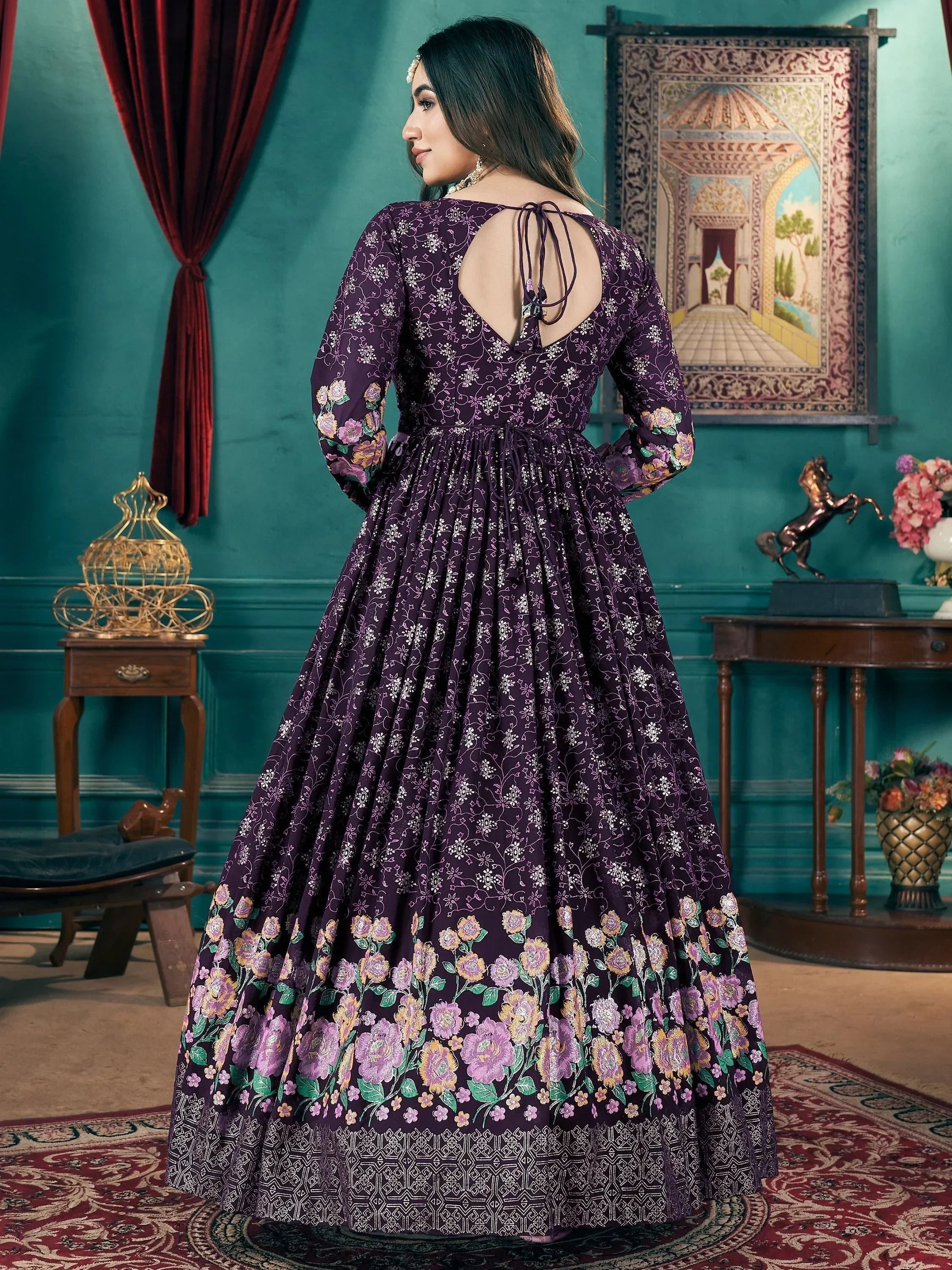 Enchanting Purple Foil Printed Georgette Bridesmaid Gown With Belt