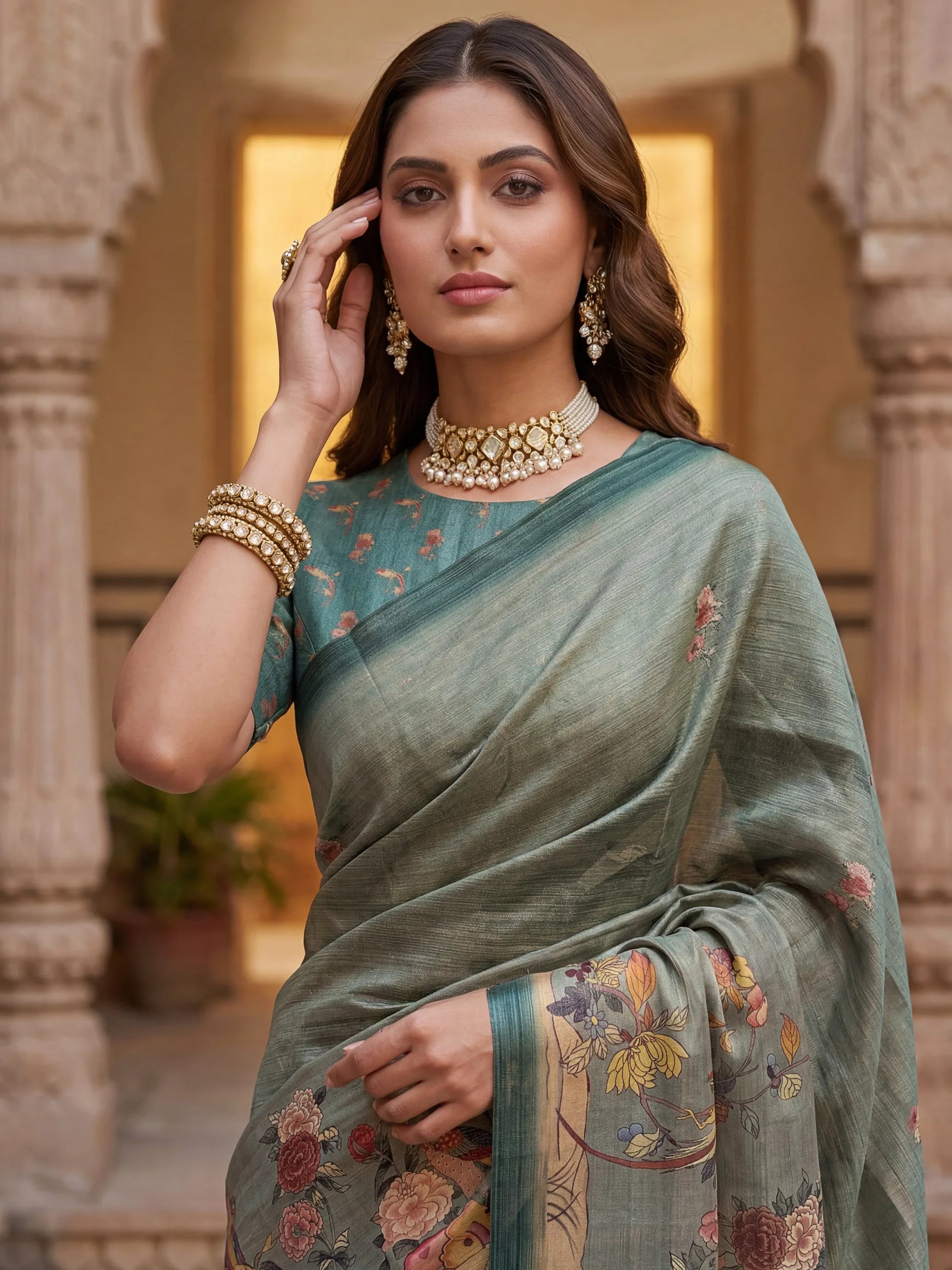 Dazzling Teal Green Floral Printed Silk Traditional Saree With Blouse