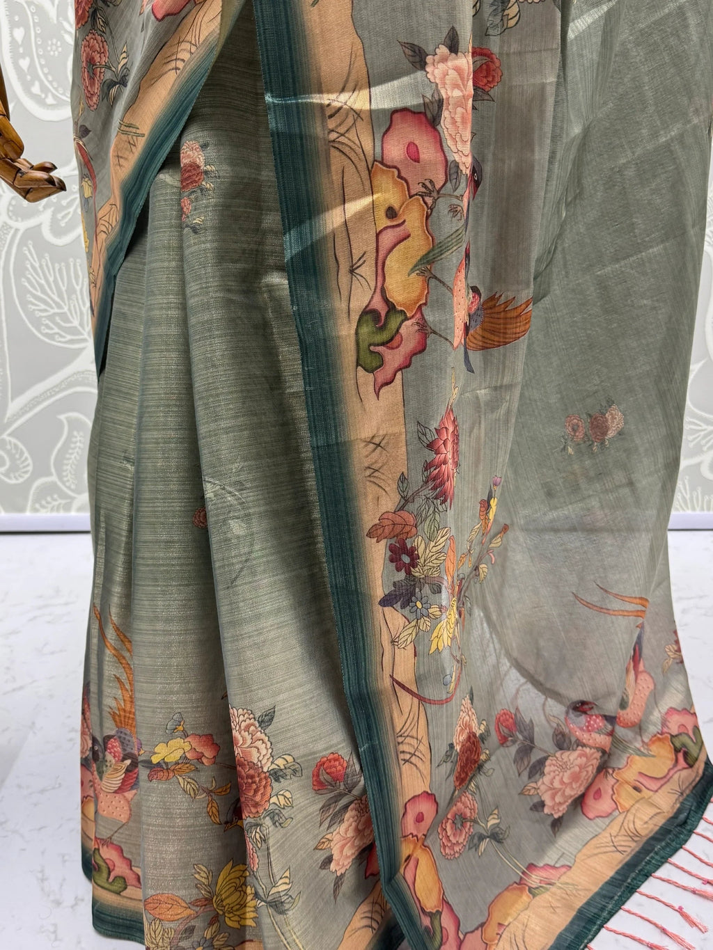 Dazzling Teal Green Floral Printed Silk Traditional Saree With Blouse
